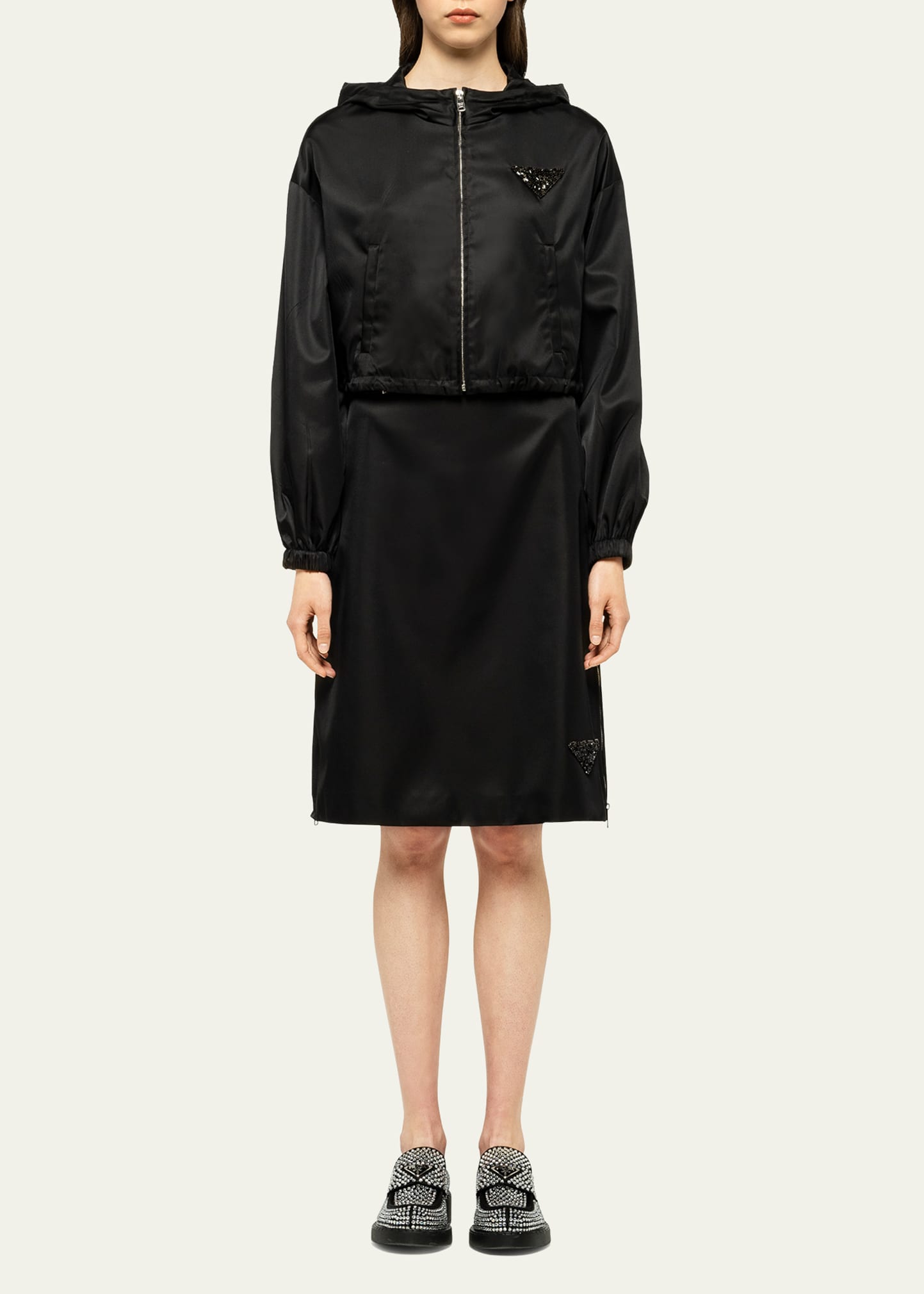 Prada Hooded Re-Nylon Jacket w/ Sequined Logo - Bergdorf Goodman