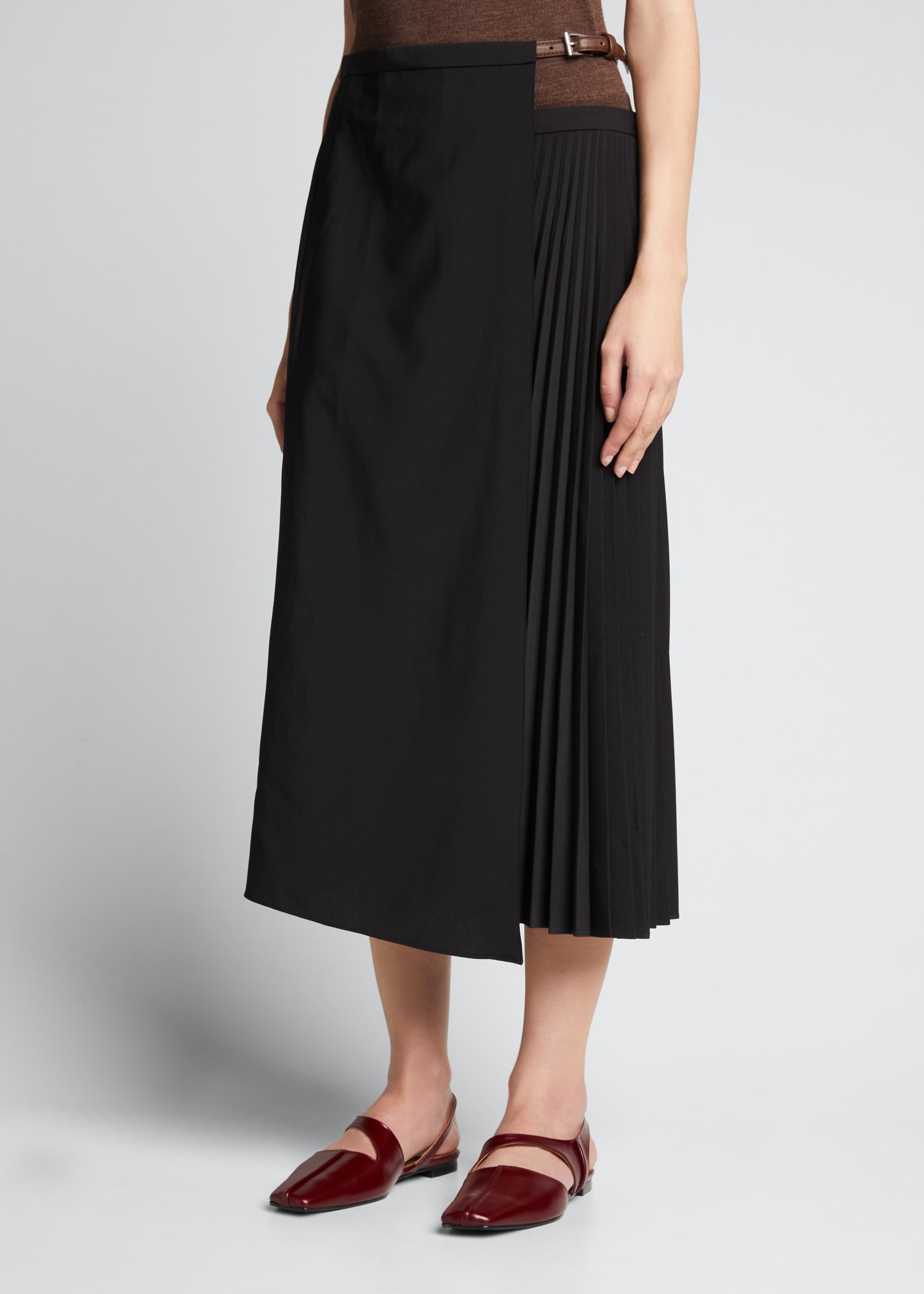 Tibi Tropical Wool Pleated Wrap Skirt w/ Leather Belt - Bergdorf
