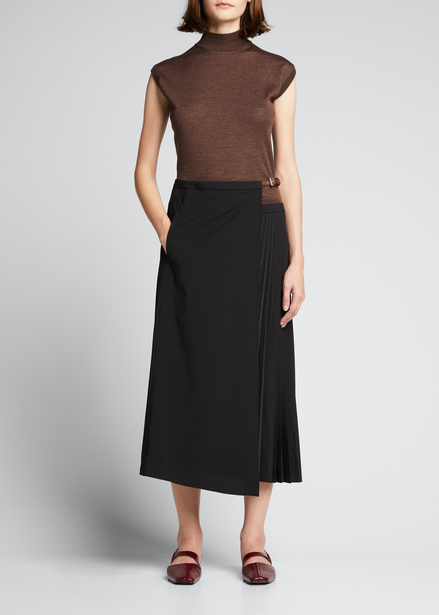 Tibi Tropical Wool Pleated Wrap Skirt w/ Leather Belt - Bergdorf