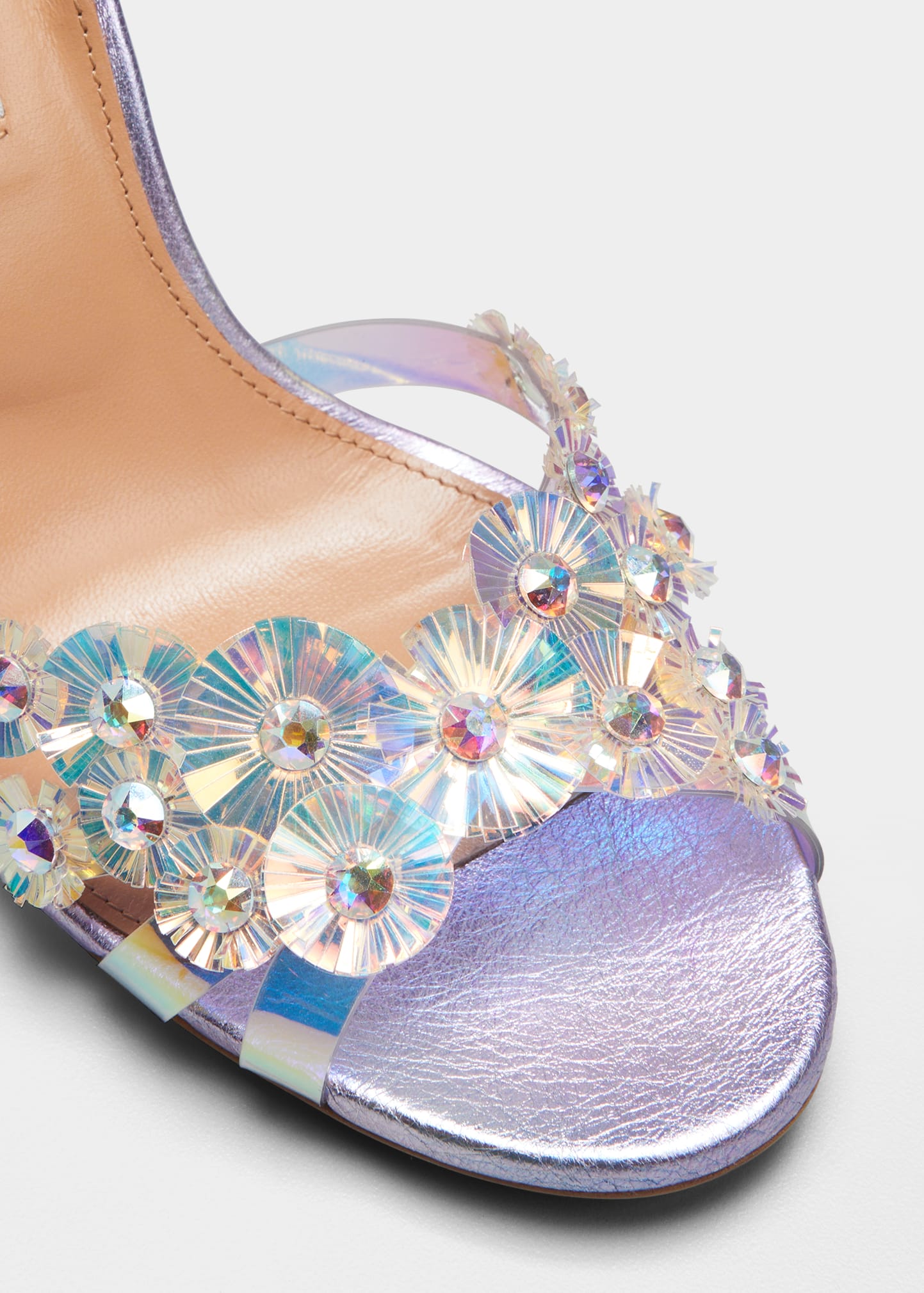 Aquazzura Meteorite Iridescent Starburst Ankle-Strap Sandals