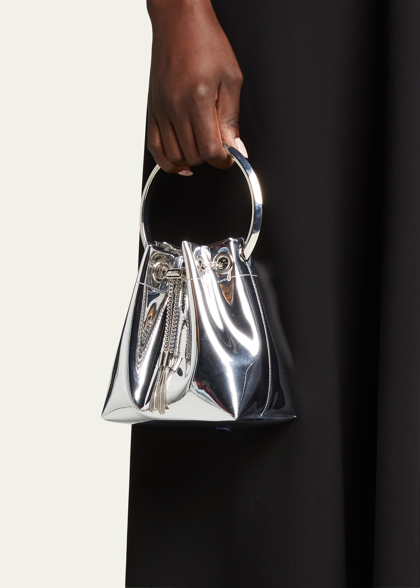 トートバッグ Jimmy Choo Jimmy Choo Bon Bon Handbag (BONBON FSJ SILVER) BON BON | Silver Mirror Fabric Mini Bag with Metal Handle