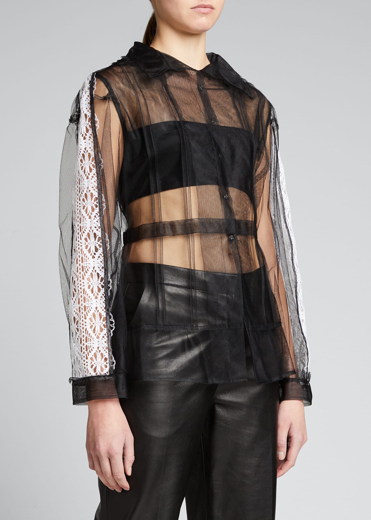 Maison Margiela Sheer Tulle Shirt Jacket w/ Lace Trim - Bergdorf