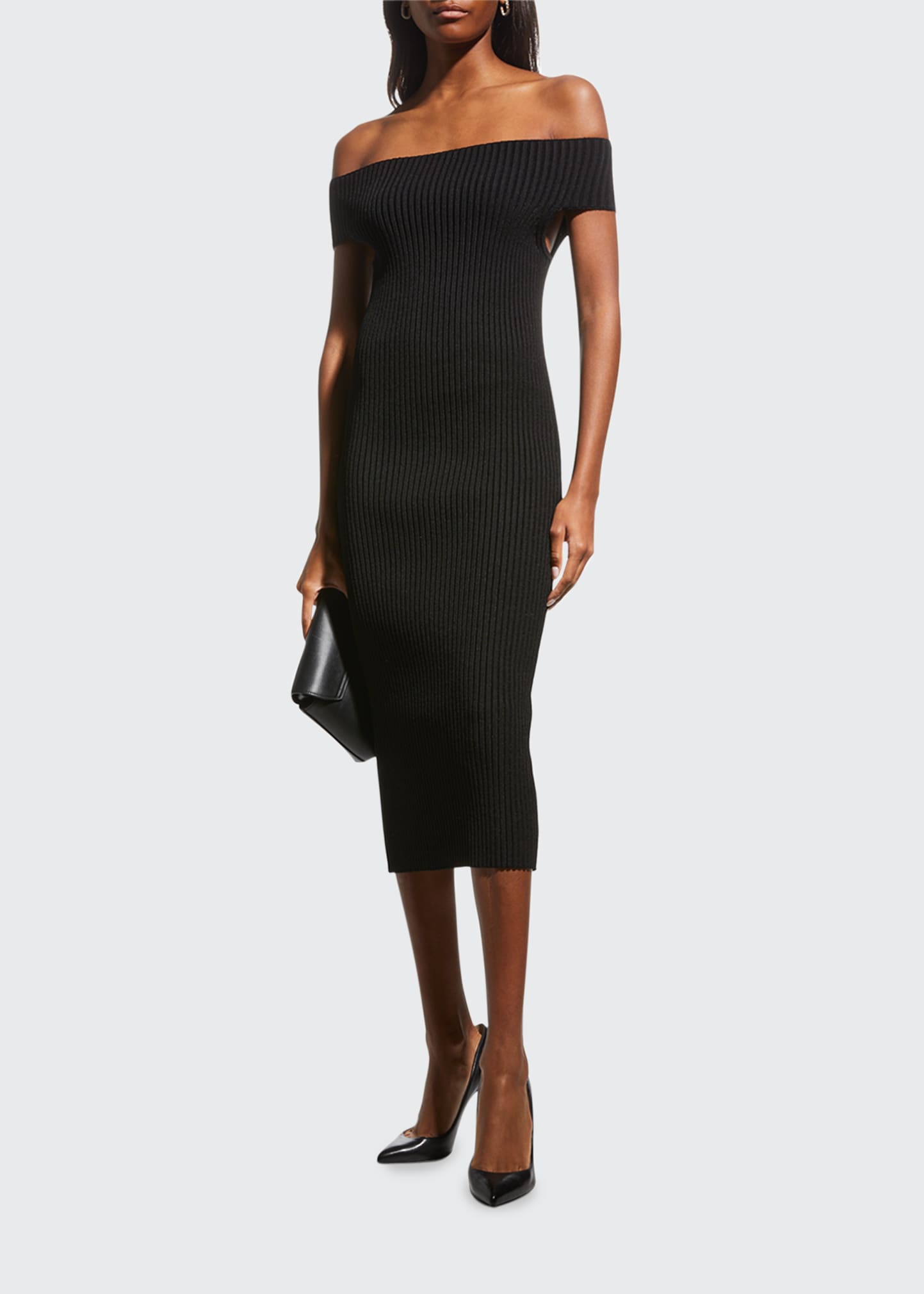 knee length dresses for ladies Sleek Silhouette Ribbed Knit Off-The-Shoulder Midi Dress main image 1