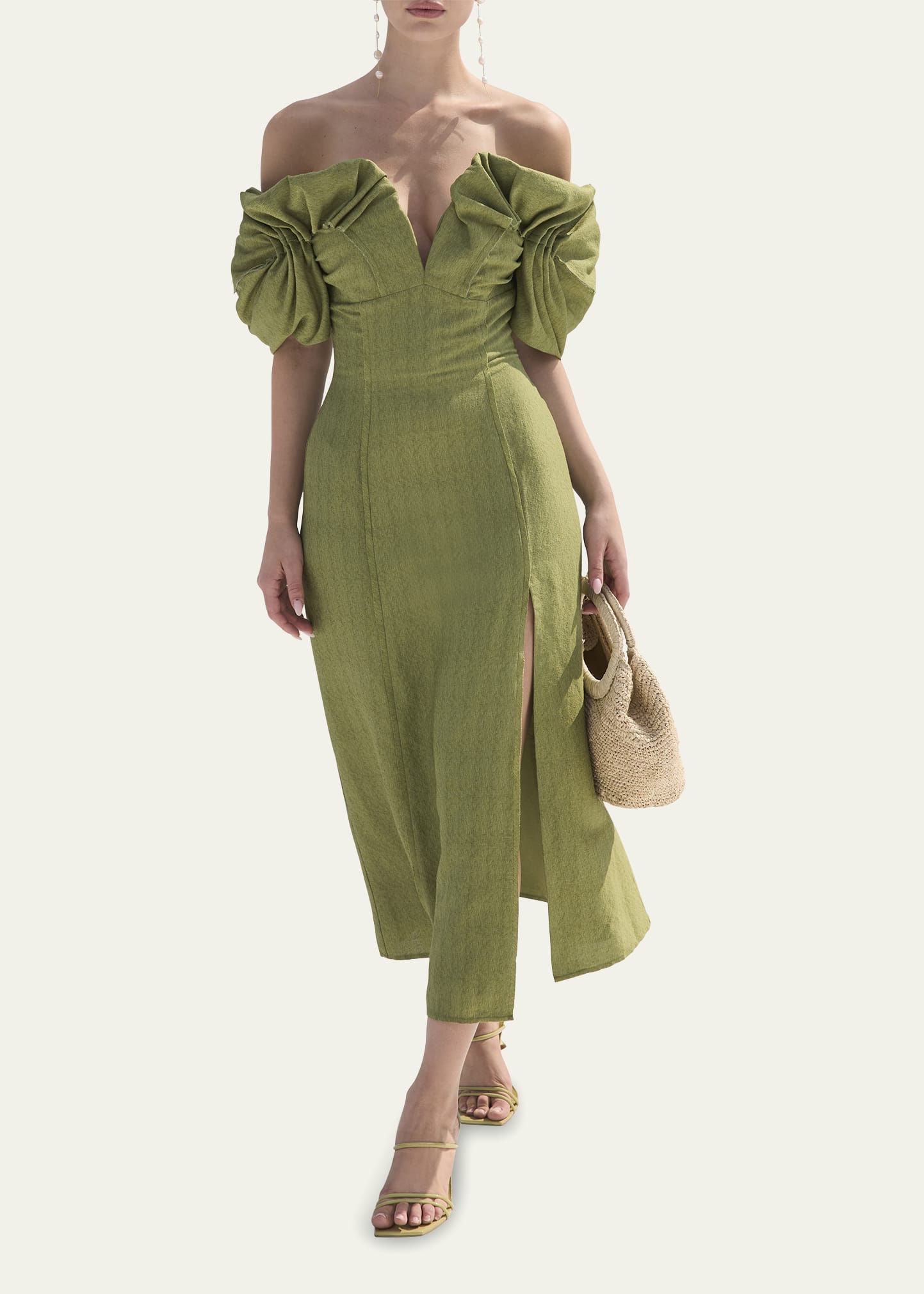 cult gaia muna off-the-shoulder midi dress Cult Gaia's 'Muna' dress is designed with a sculptural off-the-shoulder  neckline that's beautifully draped by hand