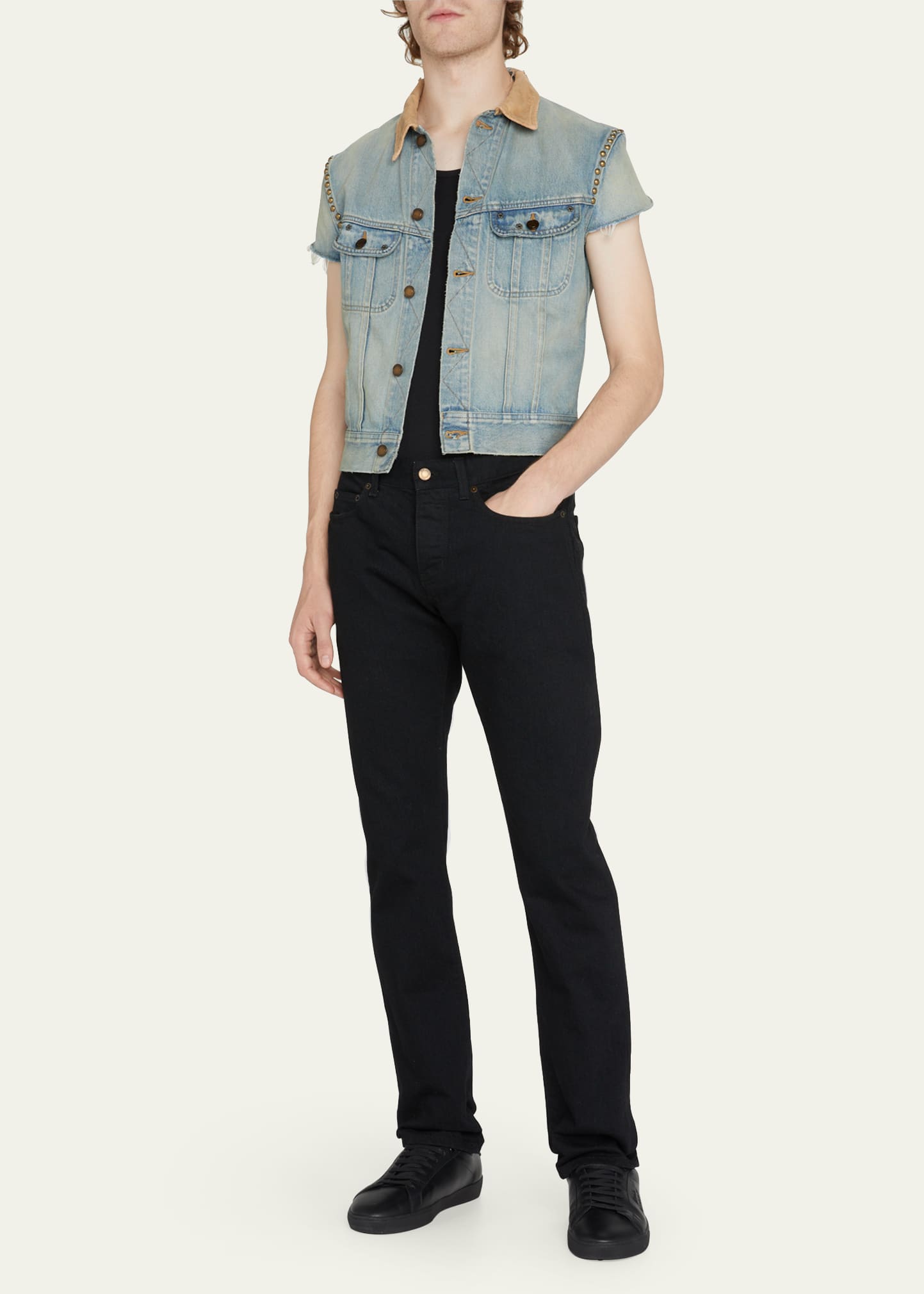 Saint Laurent Men's Studded Denim Vest Bergdorf Goodman