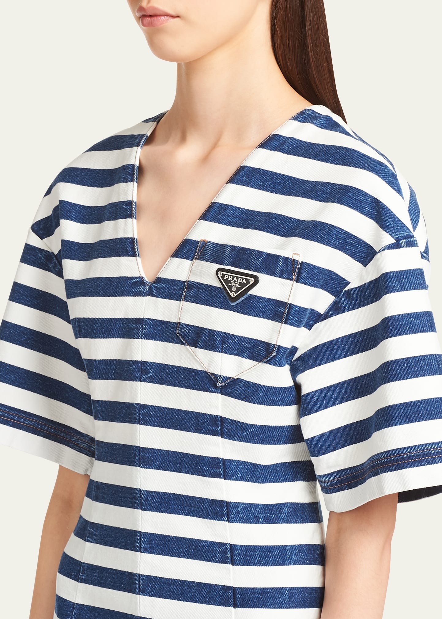 prada striped denim dress Prada Striped Denim Midi Dress