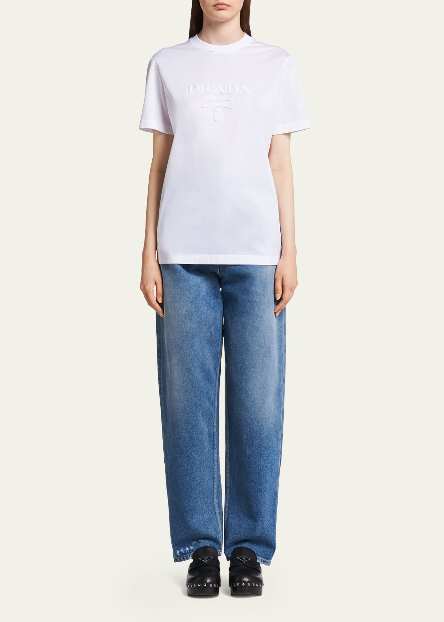 【関税&送料込】Prada Ivory Jersey T-Shirt Prada Logo-Embroidered Jersey T-Shirt - Bergdorf Goodman