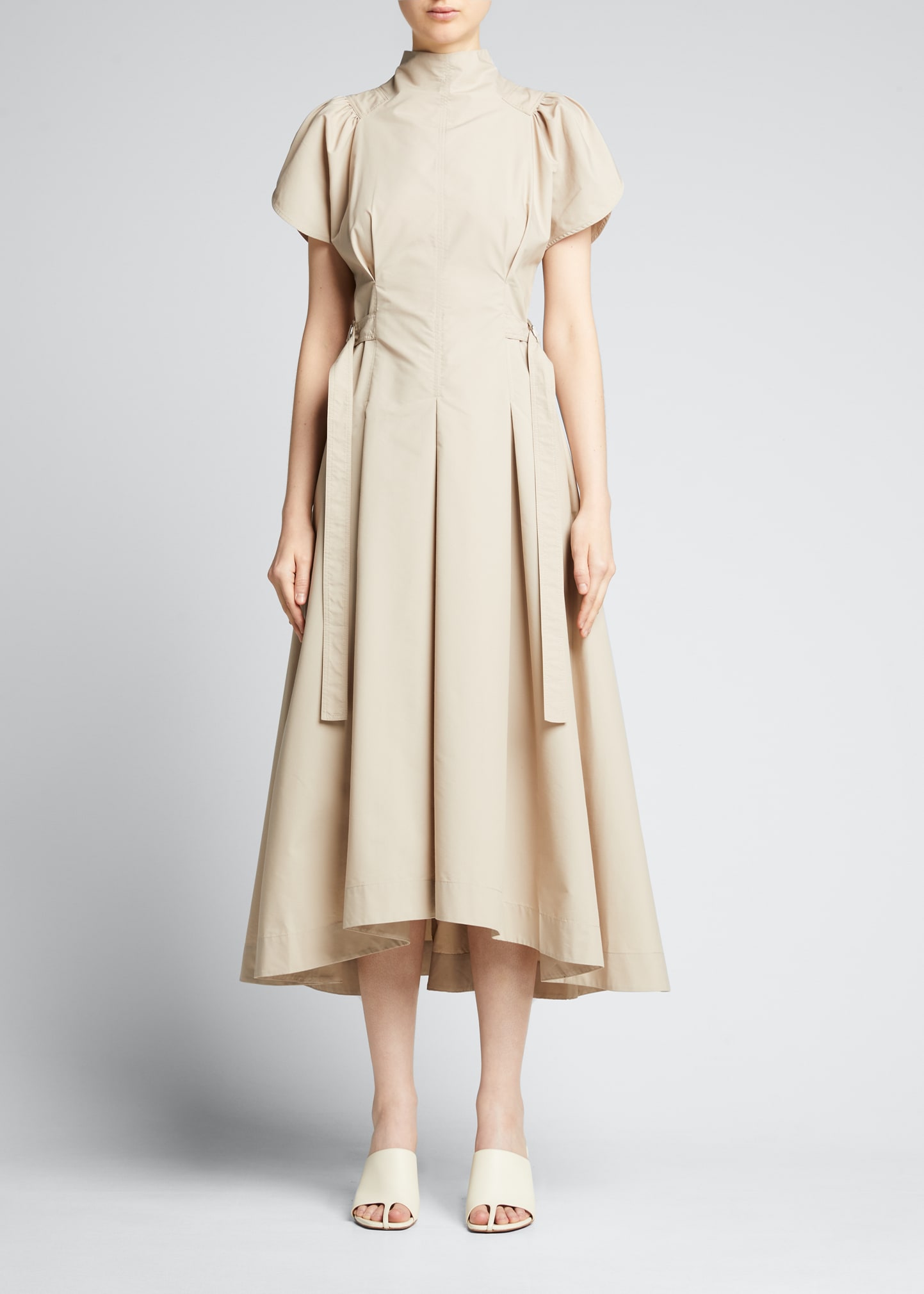 Tulip Poplin Puff-Sleeve A-Line Midi Dress