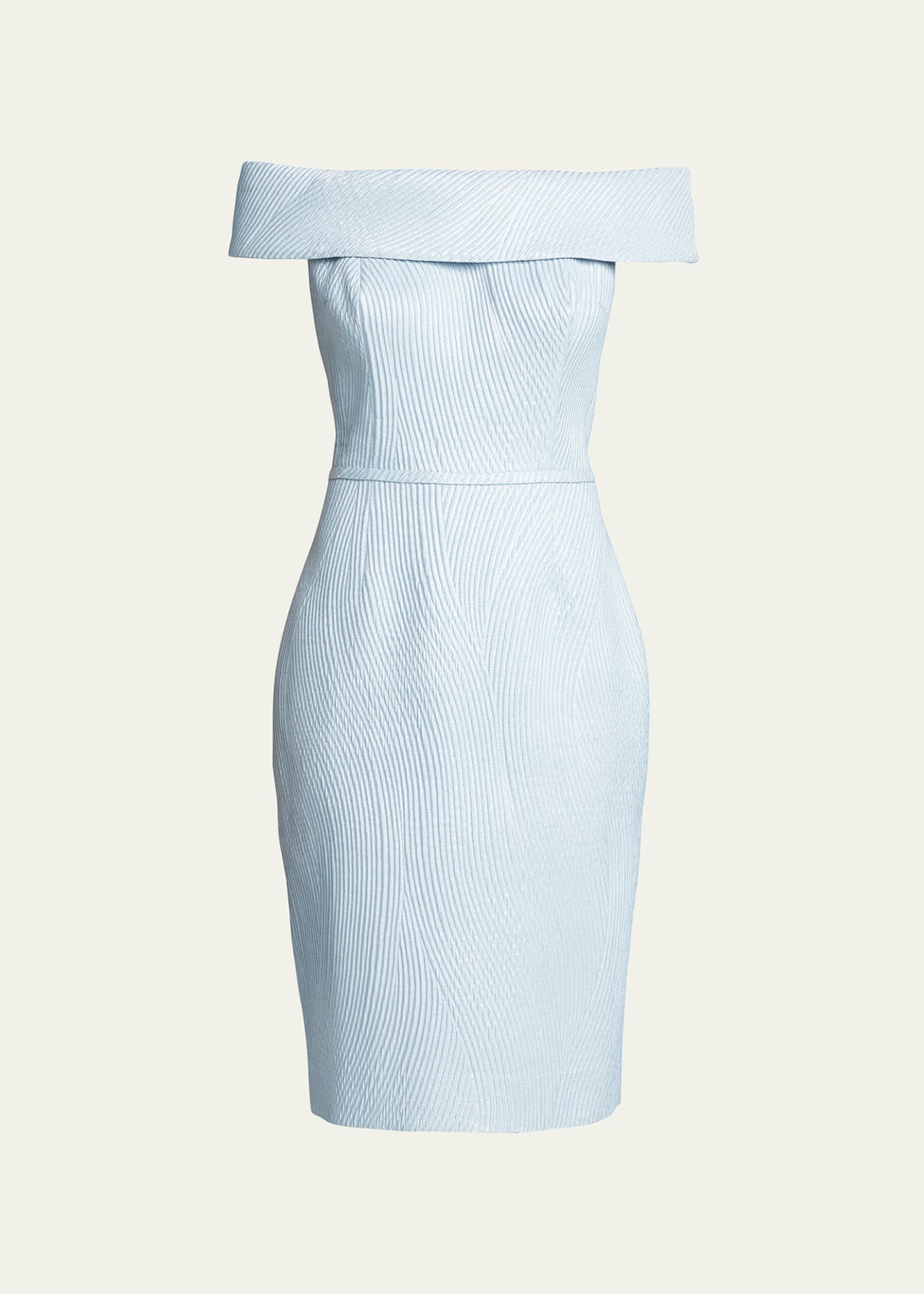 Rickie Freeman for Teri Jon Off-Shoulder Metallic Jacquard Sheath Dress