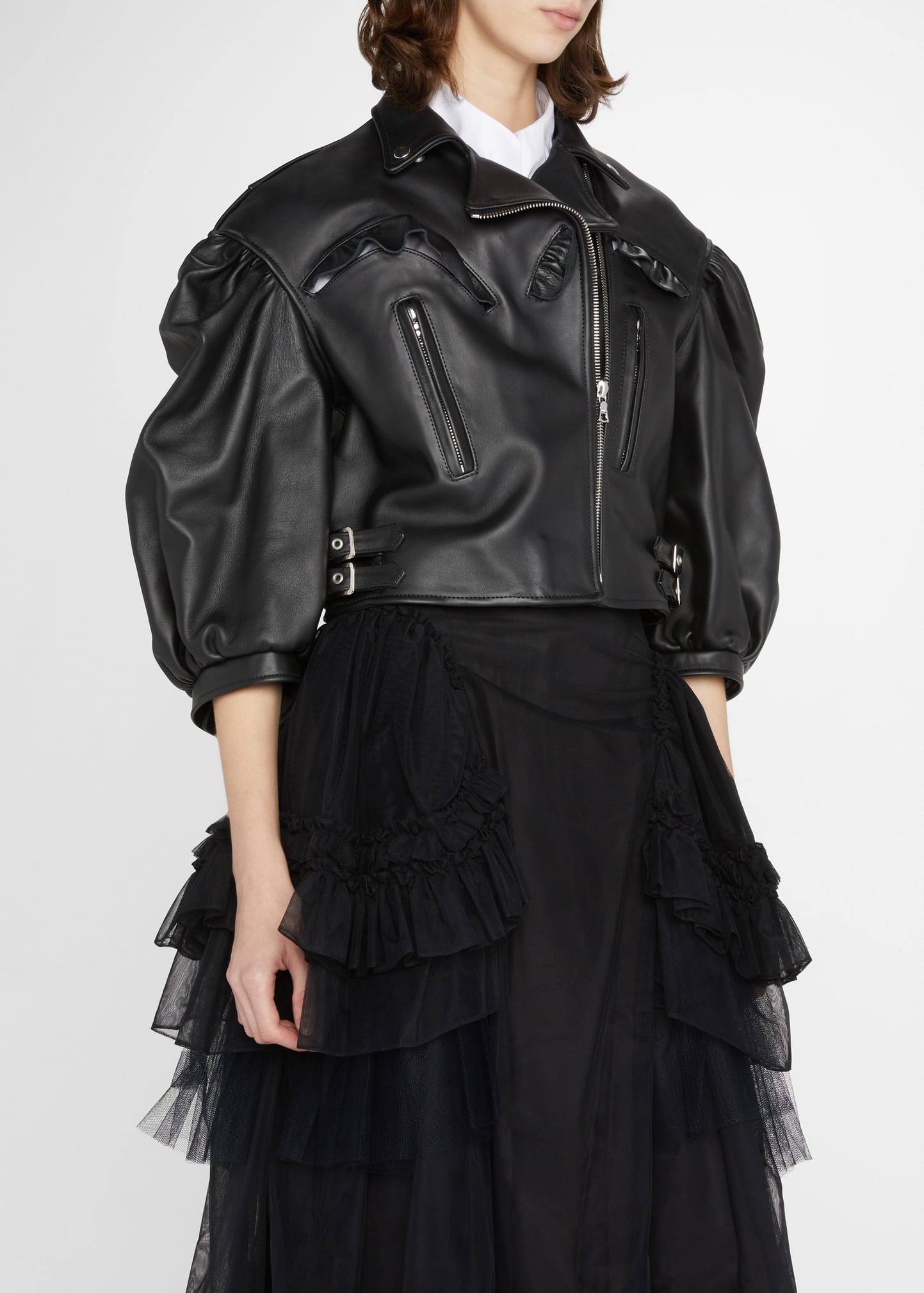 Simone Rocha Puff-Sleeve Crop Leather Biker Jacket w/ Frill