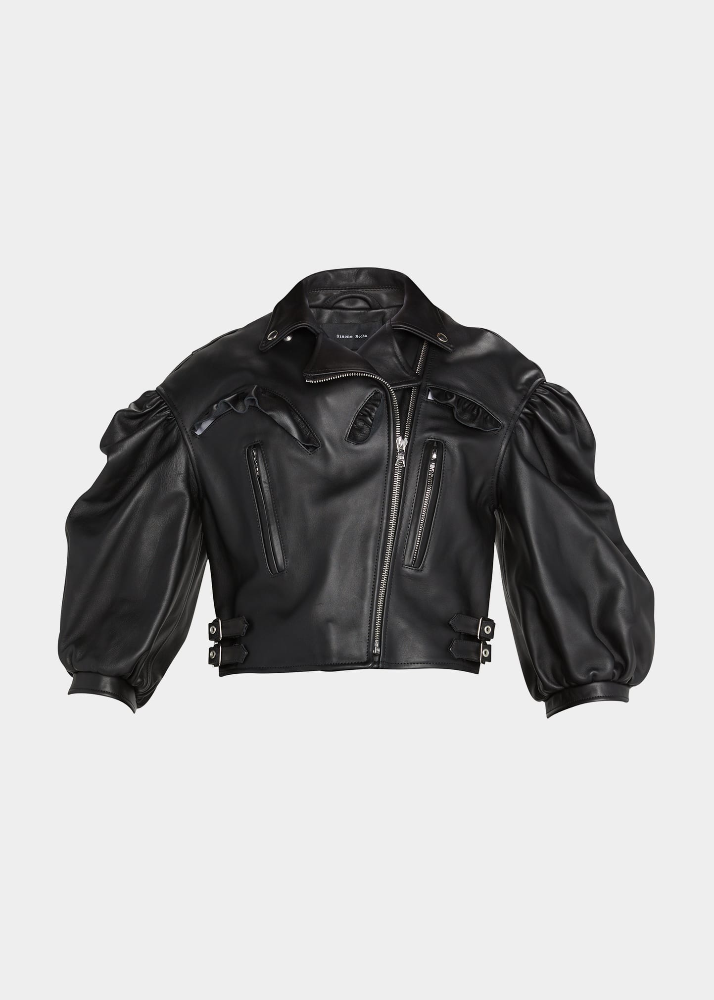 Simone Rocha Puff-Sleeve Crop Leather Biker Jacket w/ Frill