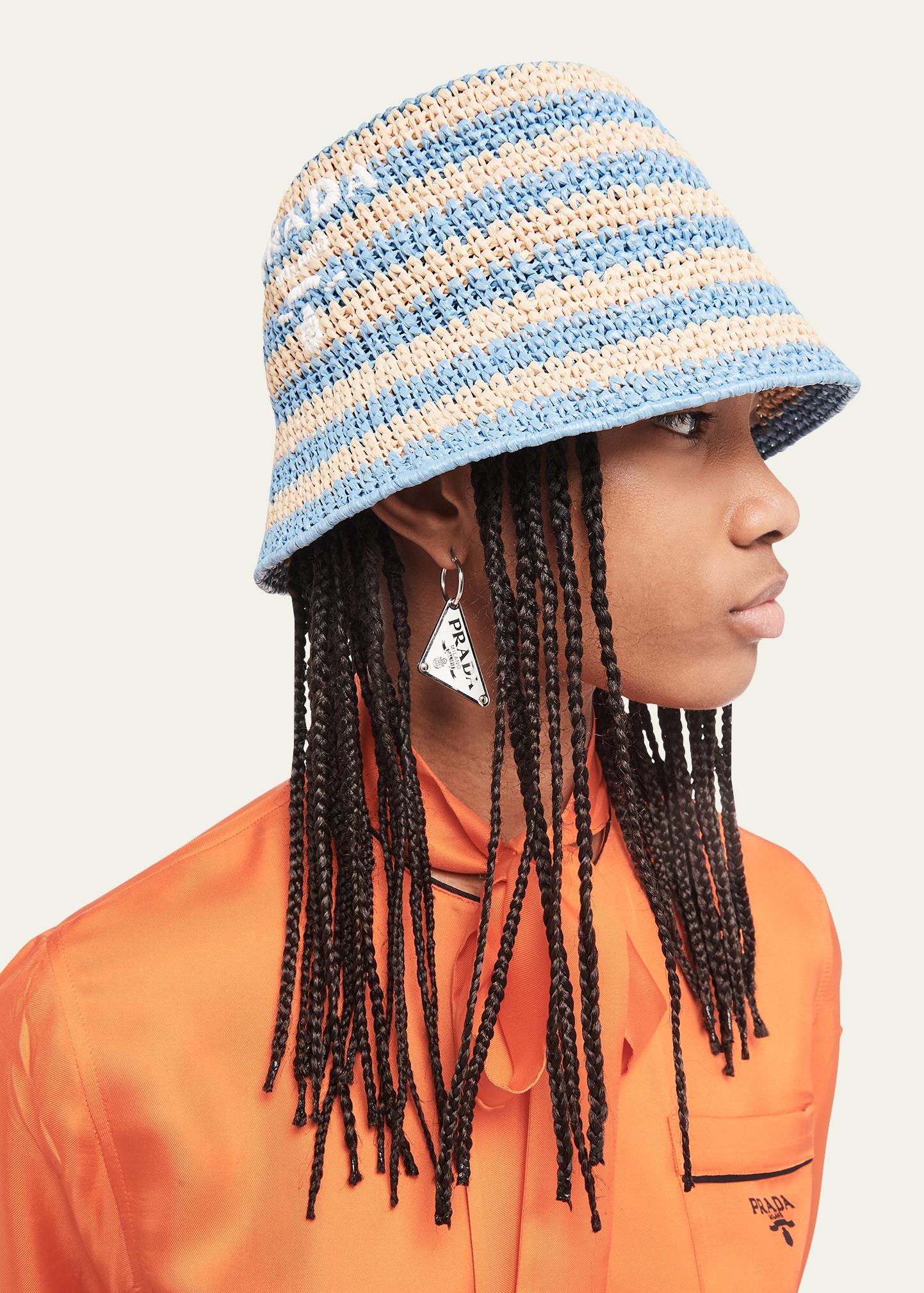 Prada Logo Striped Raffia Bucket Hat - Bergdorf Goodman
