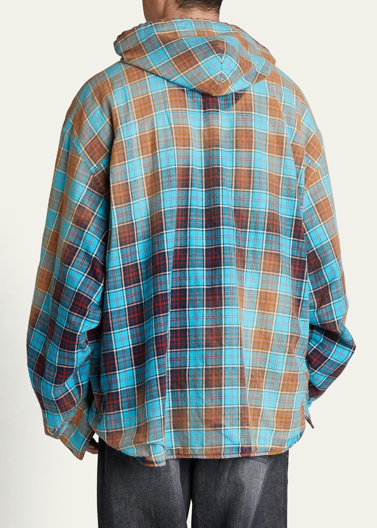 Balenciaga Men's Bleached Plaid Flannel Hooded Shirt Jacket