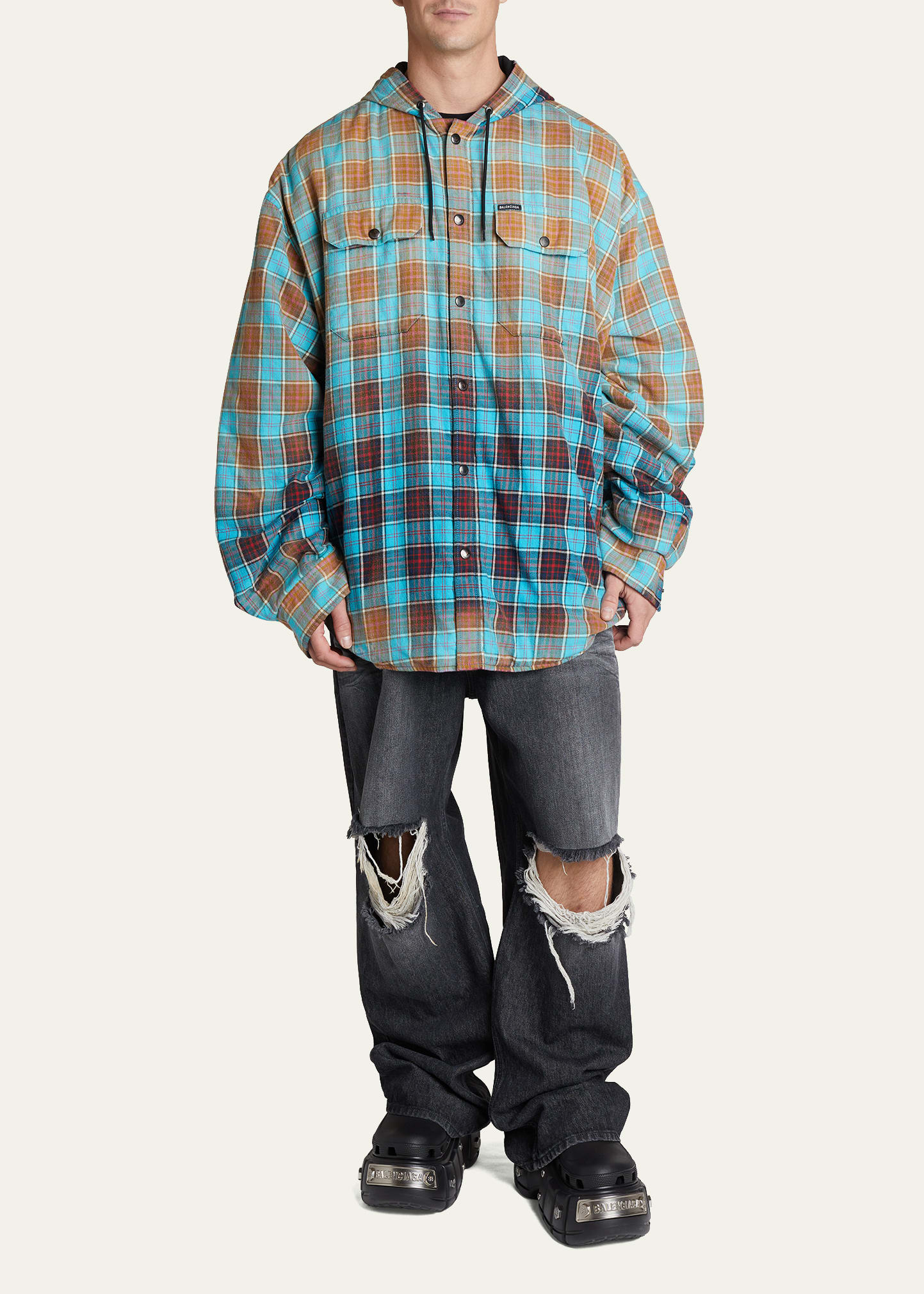 Men's Bleached Plaid Flannel Hooded Shirt Jacket