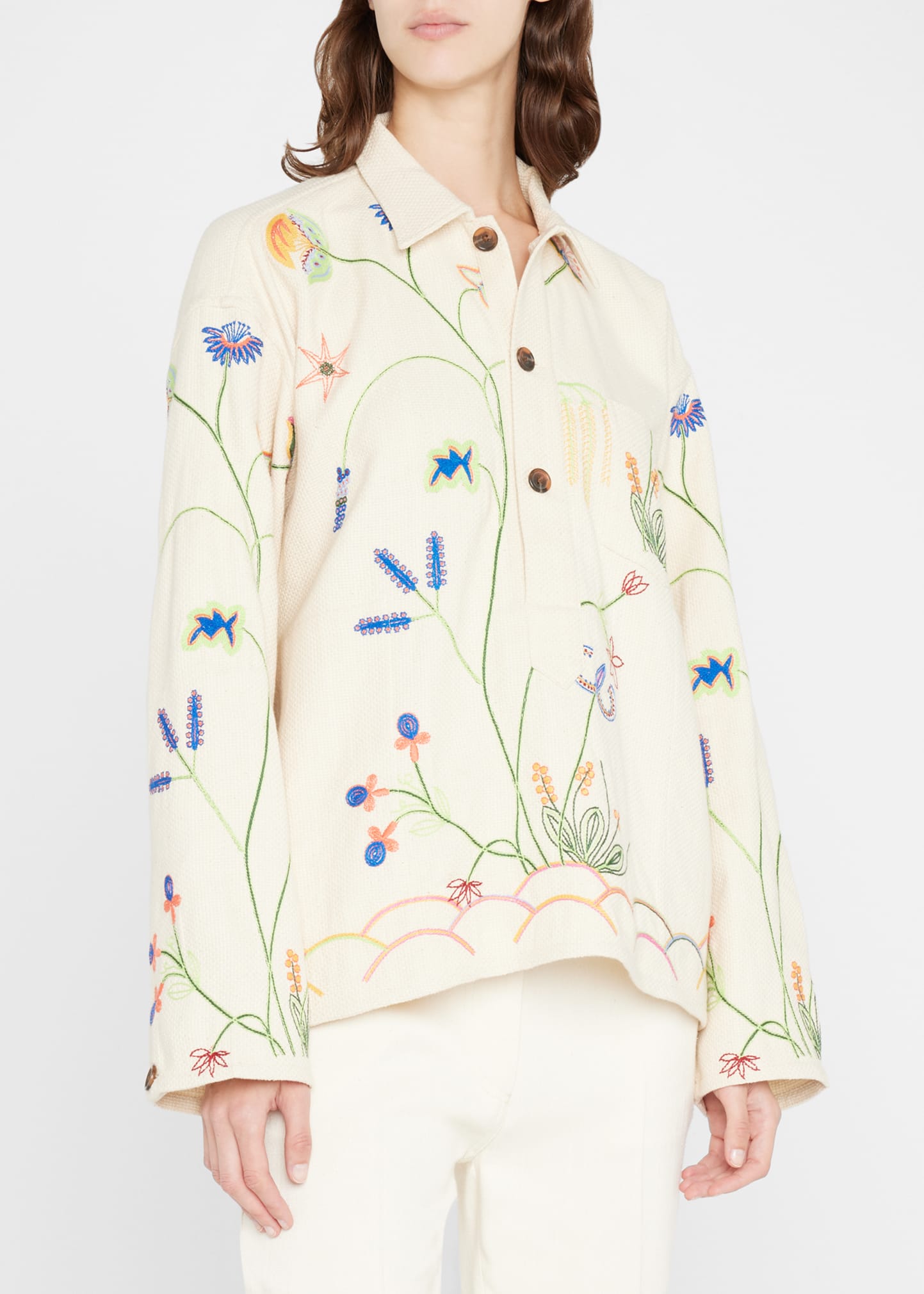 Bode Wildflower-Embroidered Polo Pullover - Bergdorf Goodman