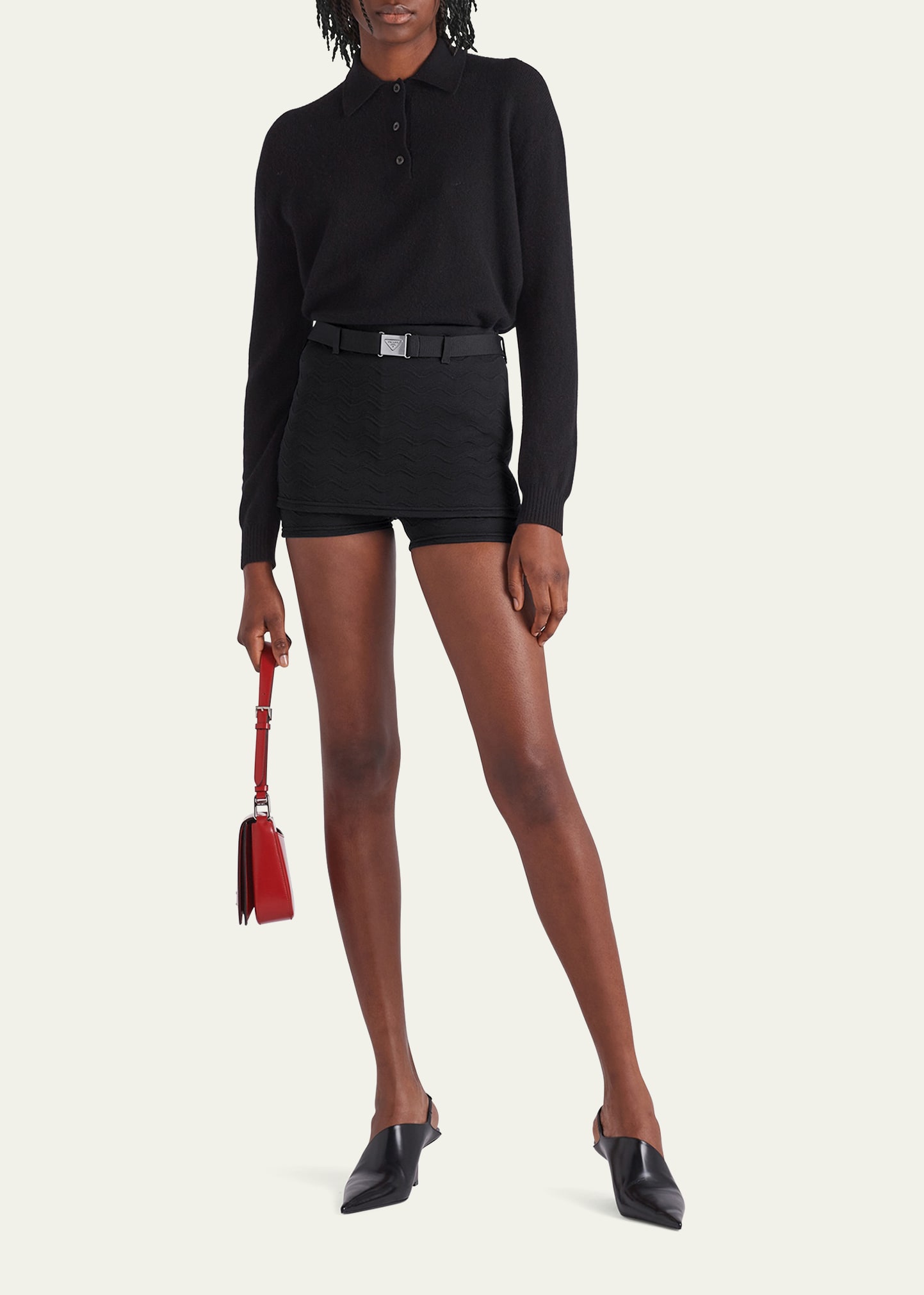 Prada Jacquard Wave Belted Shorts, Black - Bergdorf Goodman