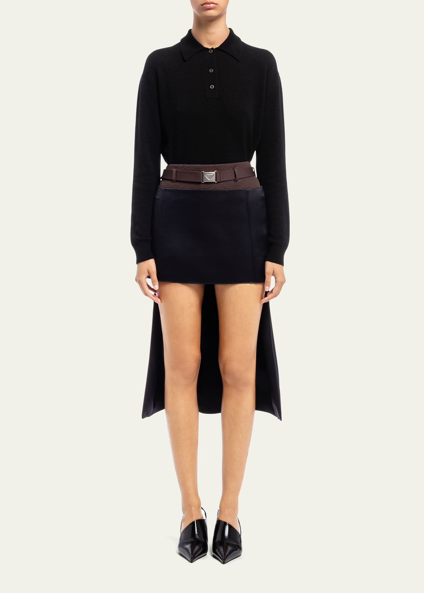 Prada Satin Mini Skirt w/ Pleated Train - Bergdorf Goodman