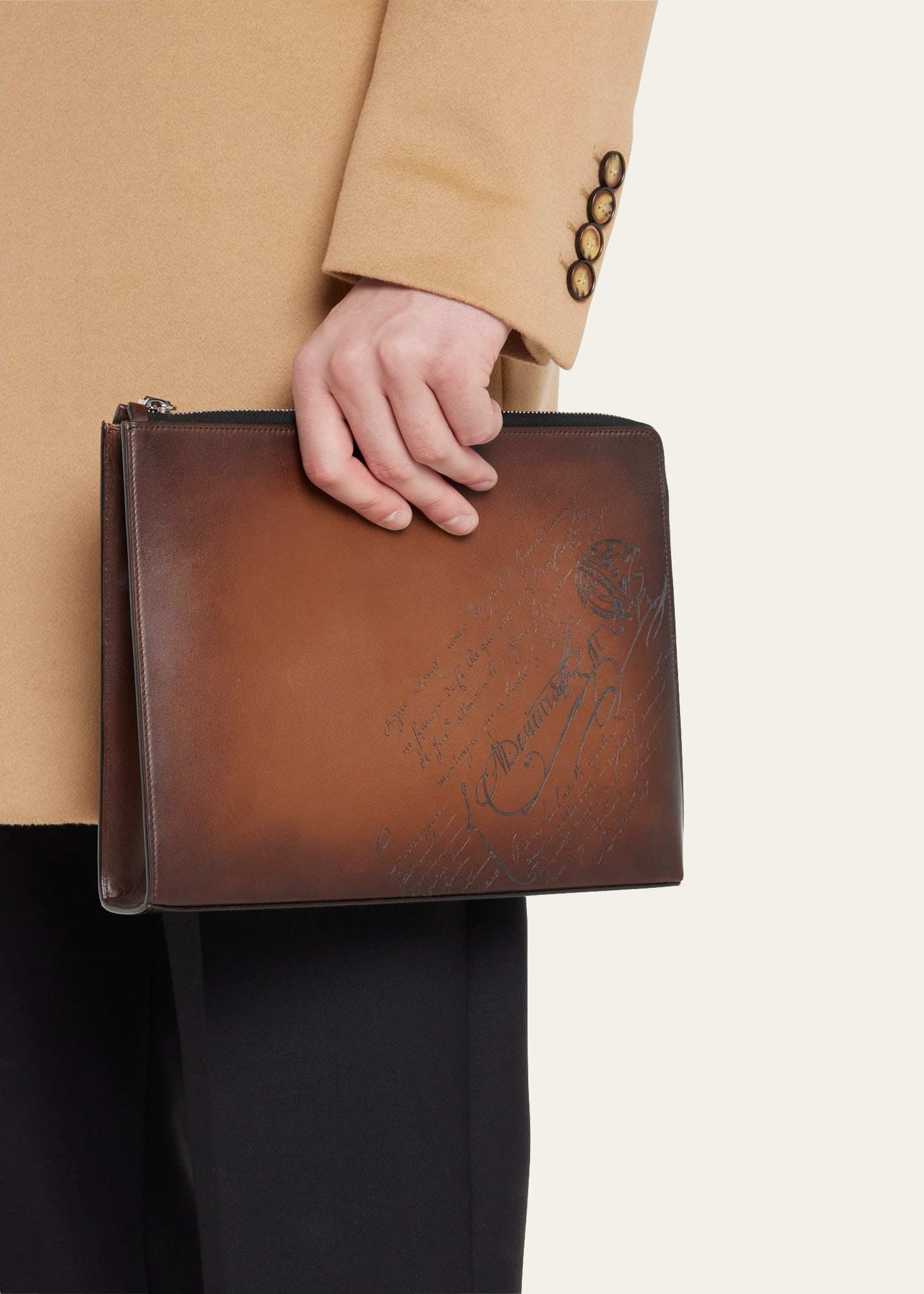 Berluti Men's Nino Volume Leather Scritto Swipe Clutch Bag