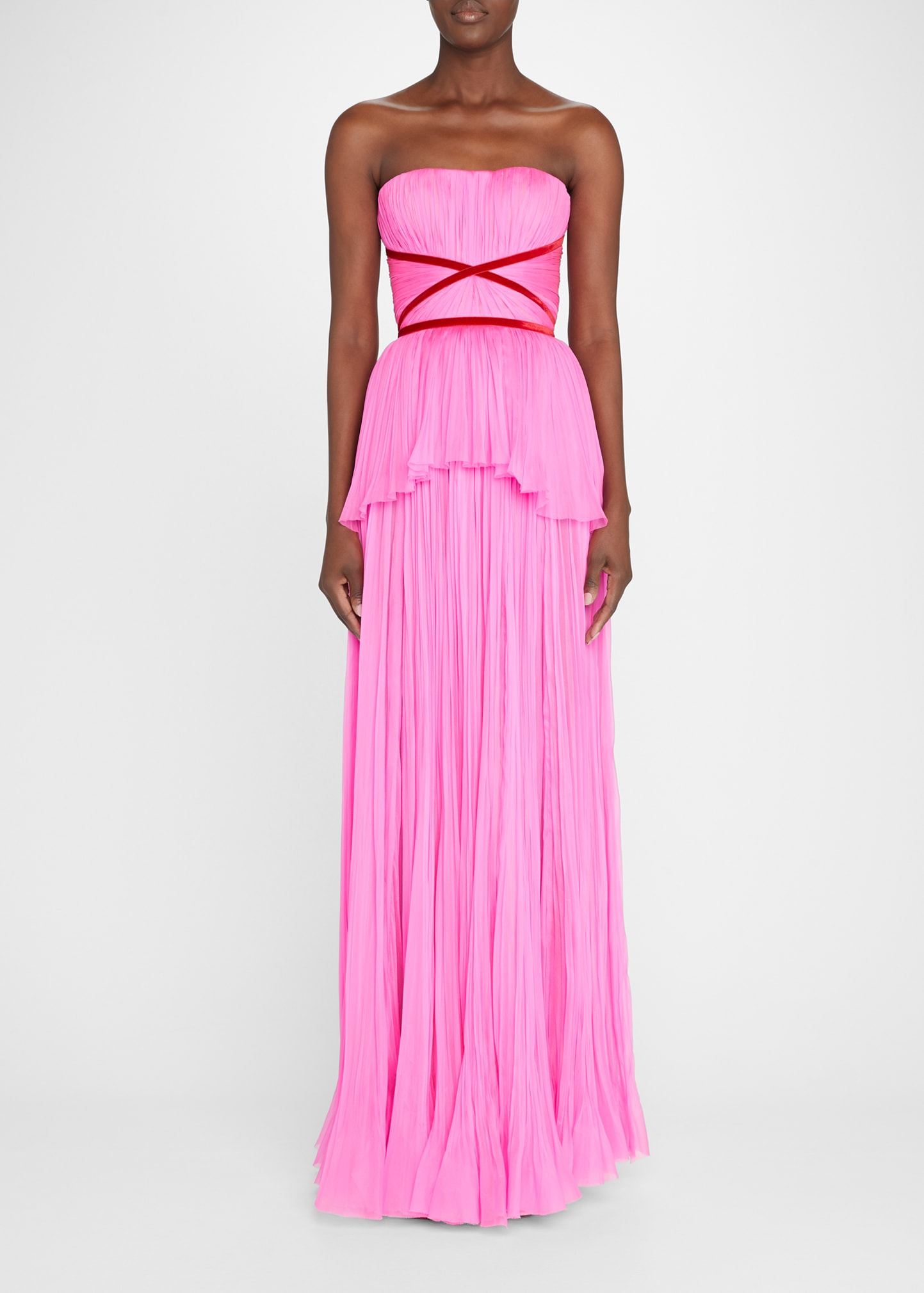 Mendel Strapless Chiffon Pleated Velvet-Trim Gown Bergdorf