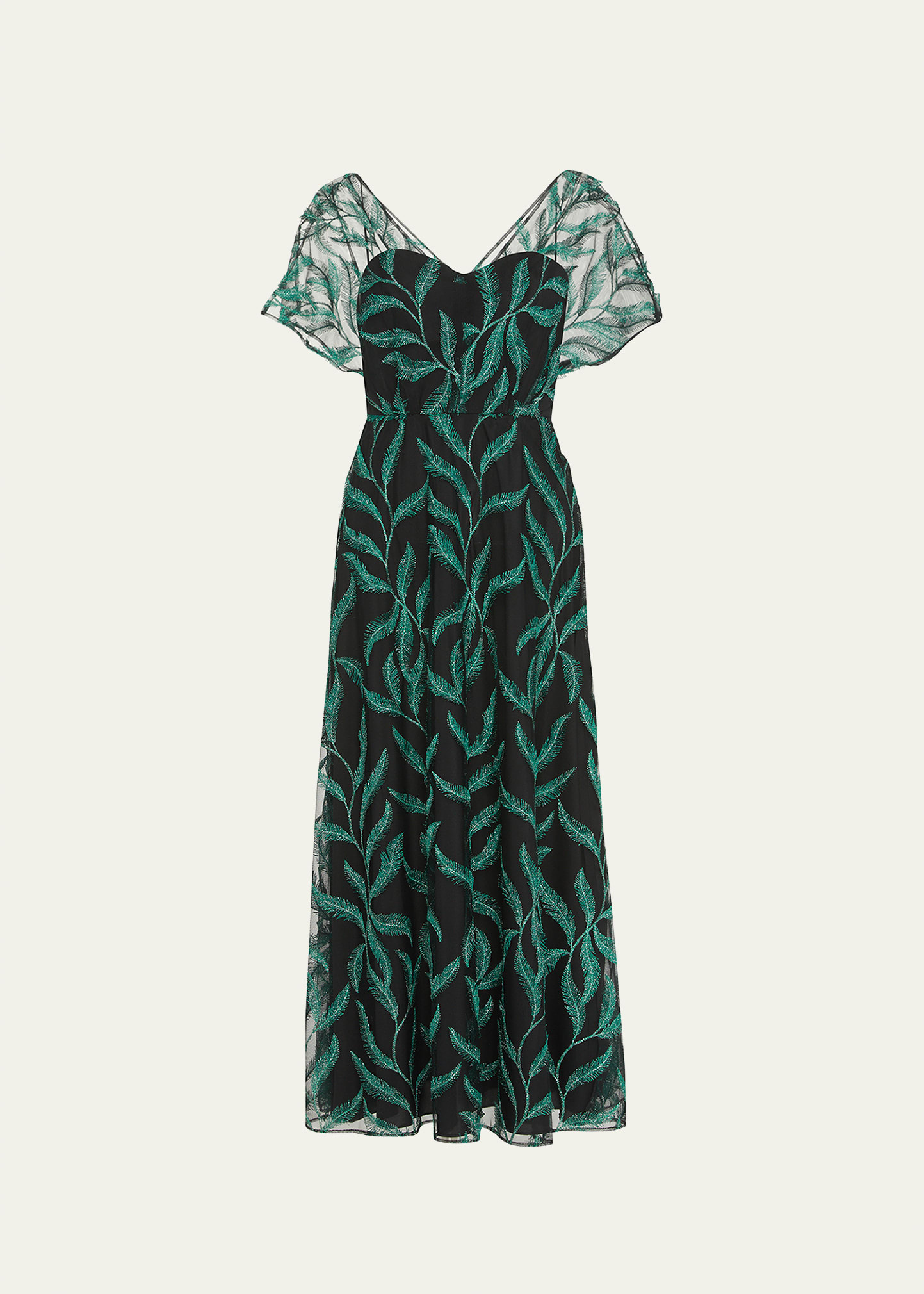 Lela Rose Fringe-Embroidered Flutter-Sleeve Illusion Dress