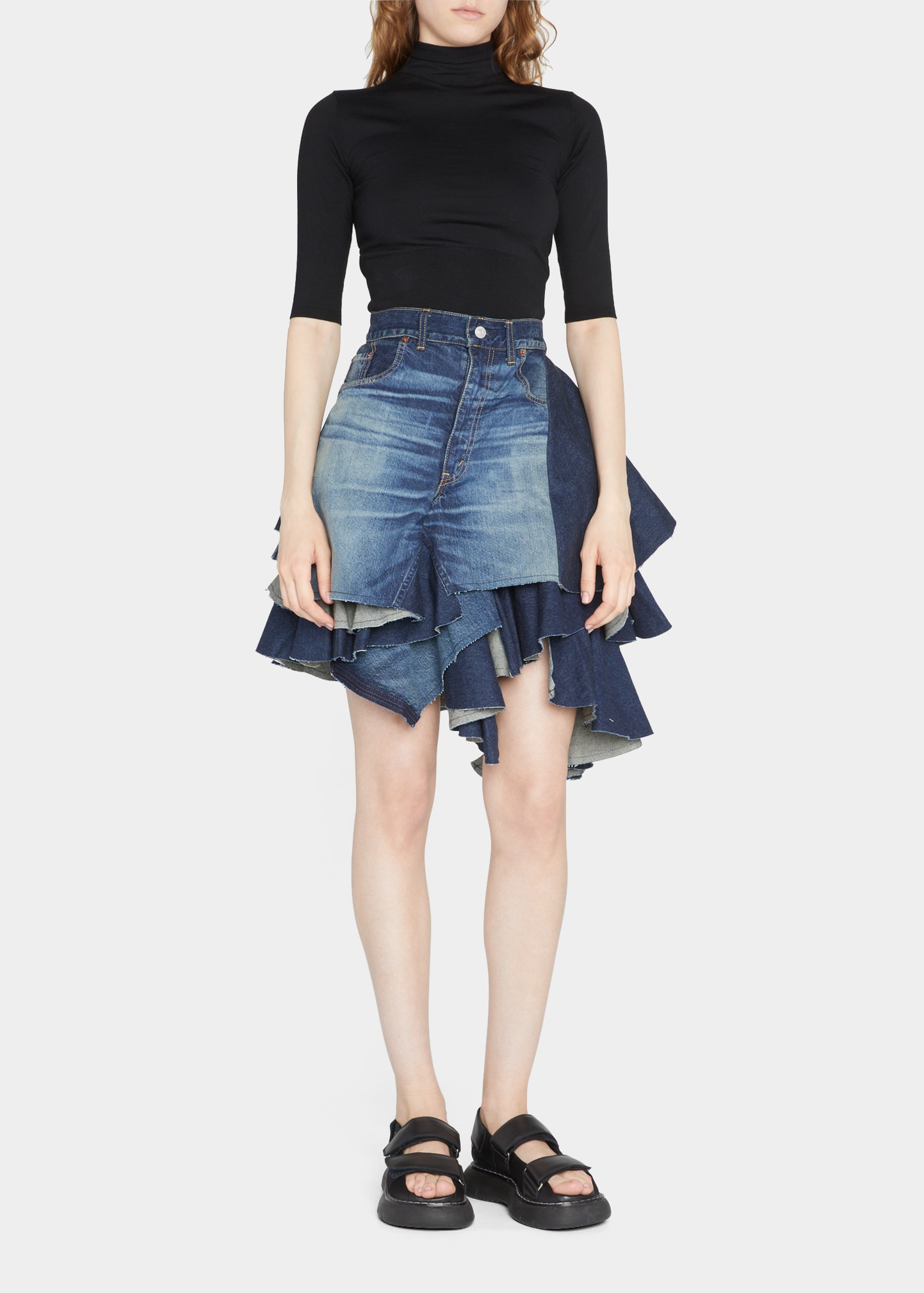 Junya Watanabe Mixed Denim Ruffle Mini Skirt - Bergdorf Goodman