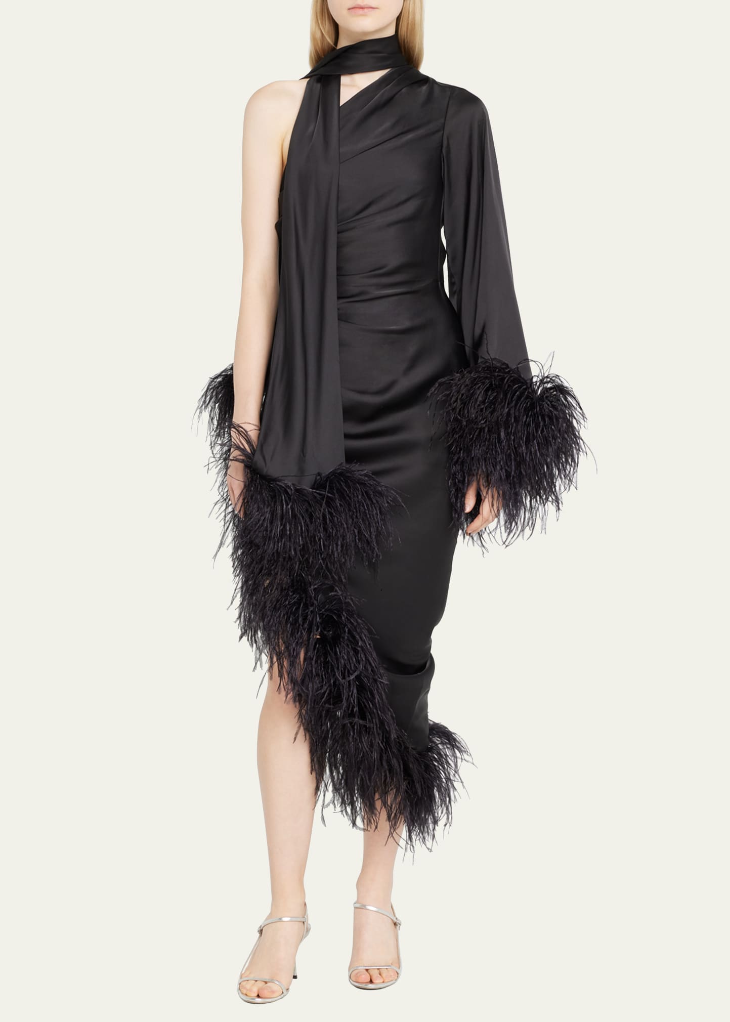 PatBO Oscar One-Shoulder Ostrich Feather-Trimmed Midi Dress