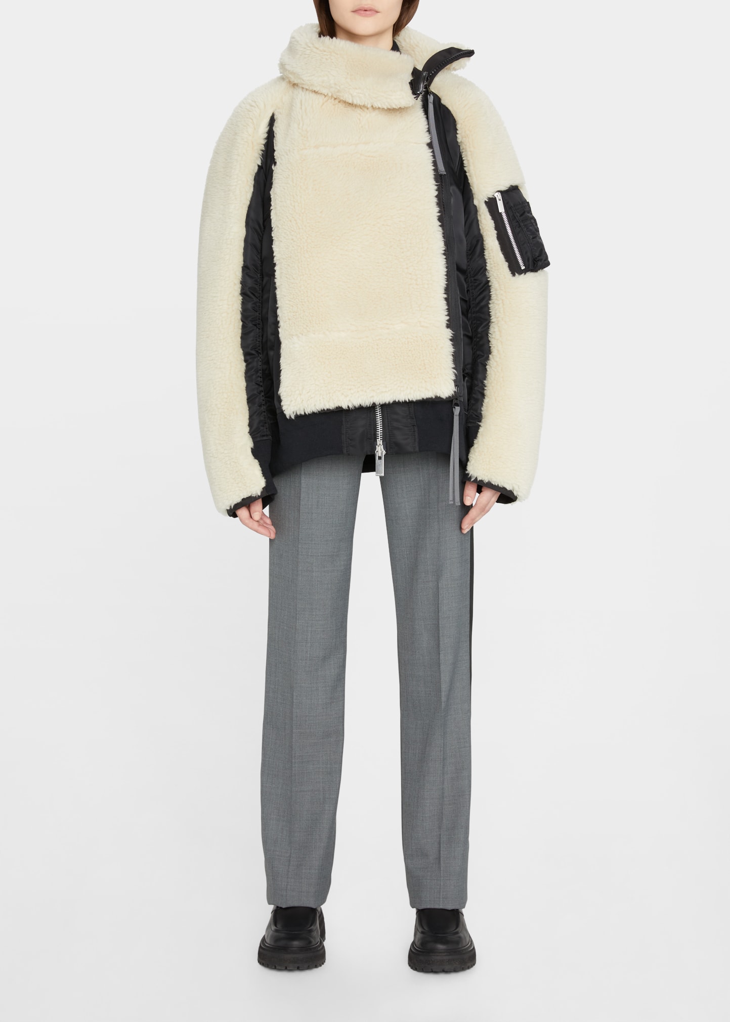 SACAI Mixed-Media Faux Shearling Zip-Front Jacket - Bergdorf Goodman