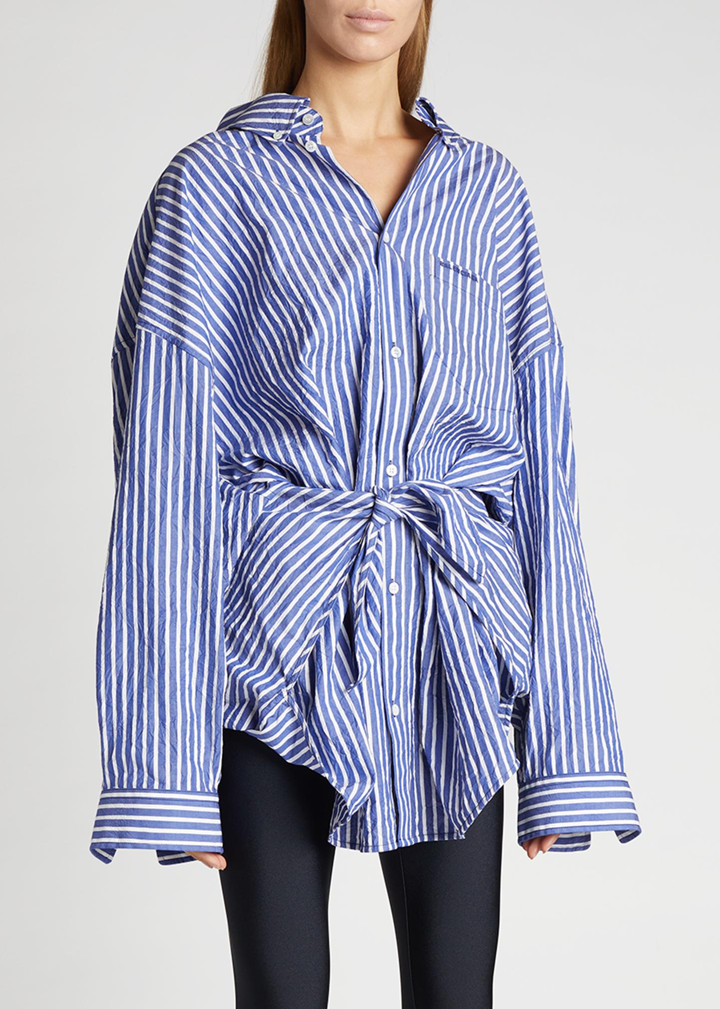 Balenciaga Tie-Waist Striped Crinkle Poplin Shirt - Bergdorf Goodman