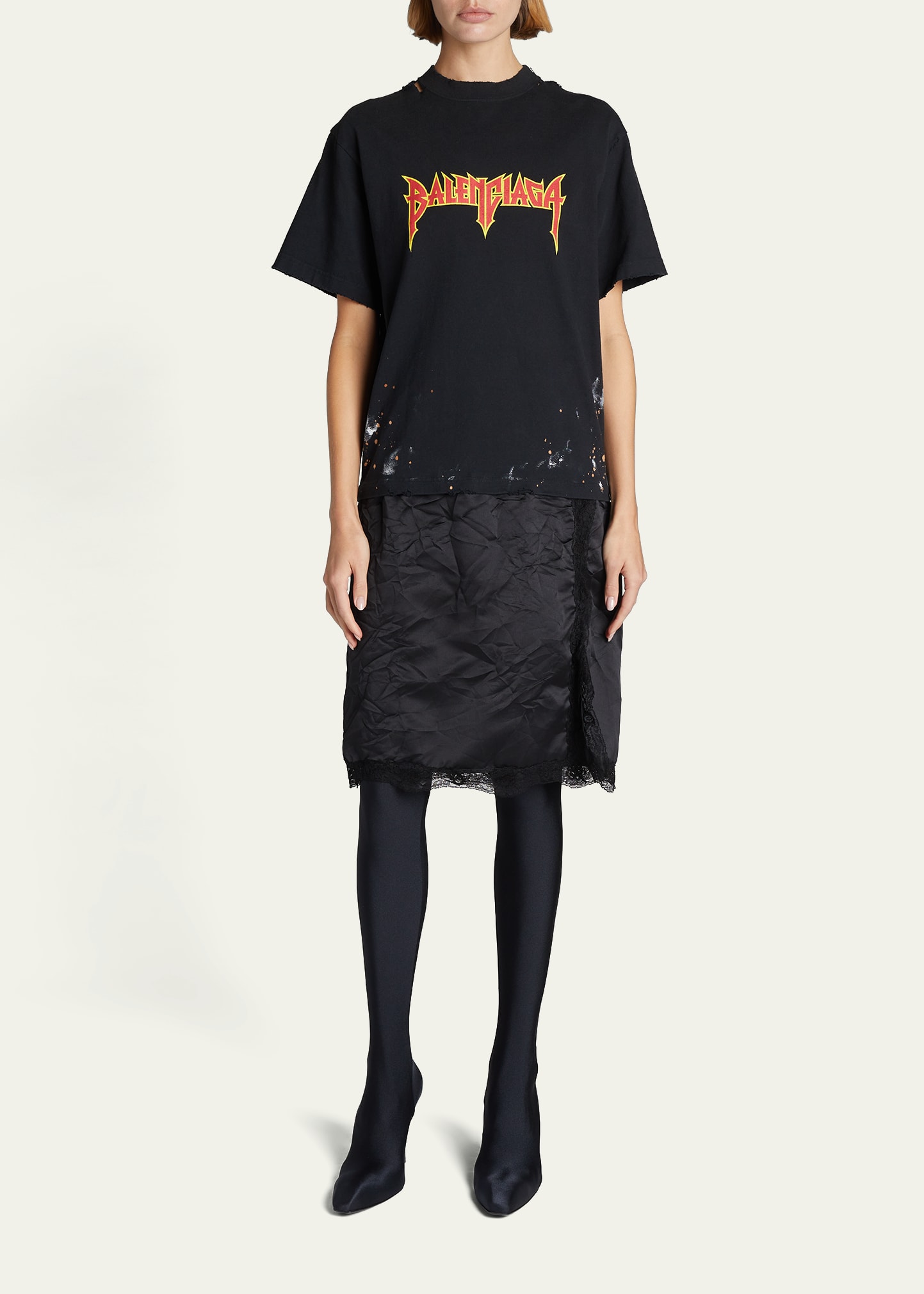 Balenciaga Metallic Splatter Paint Logo T-Shirt Slip Dress