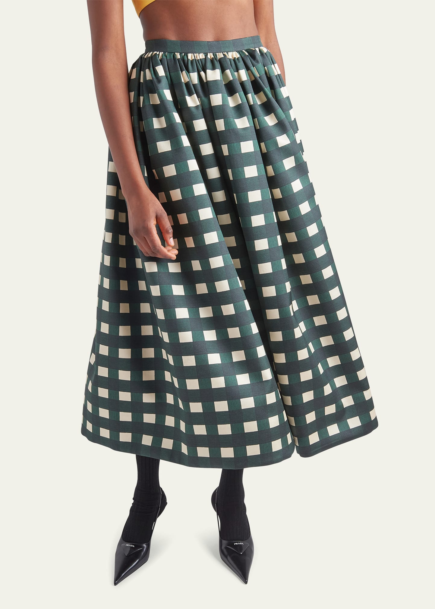 Prada Check Silk-Wool Midi Skirt - Bergdorf Goodman