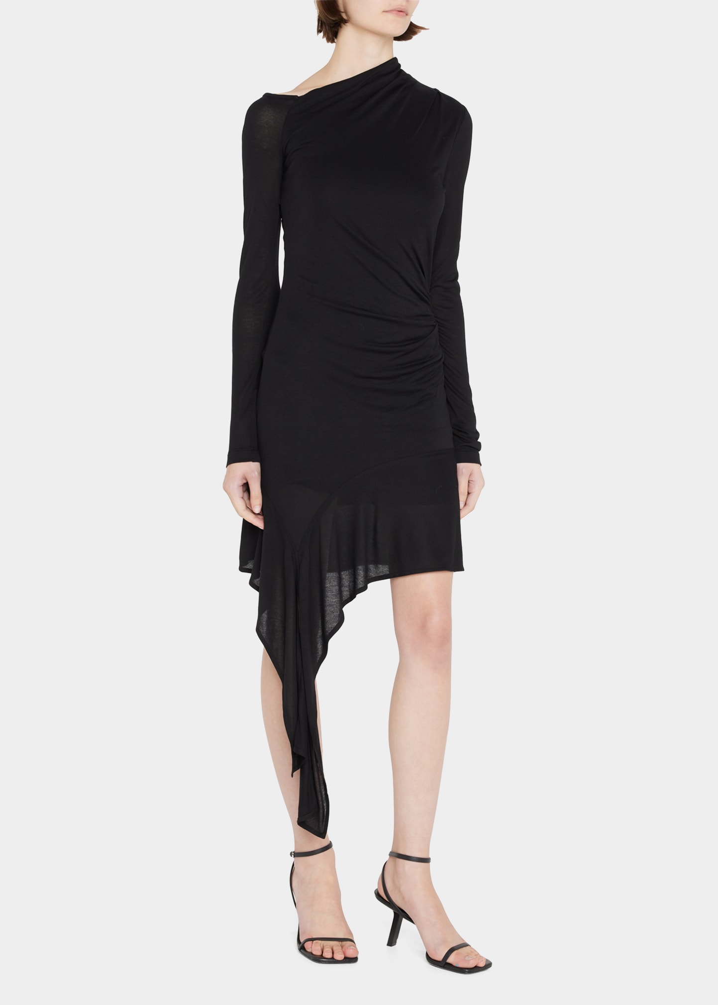 helmut lang asymmetric mini dress Helmut Lang Scala Draped Long-Sleeve Asymmetric Hem Mini Dress