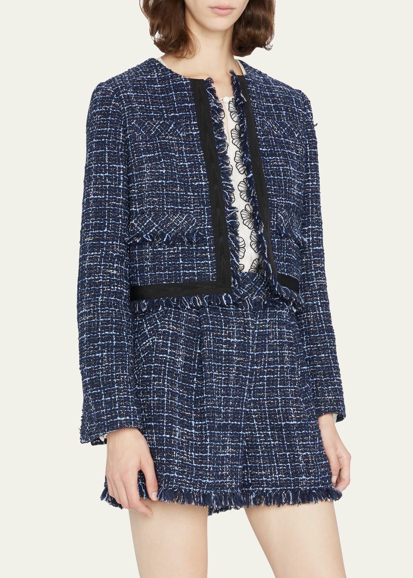 Jason Wu Collection Fringe-Edge Check Boucle Tweed Crop Jacket - Big ...