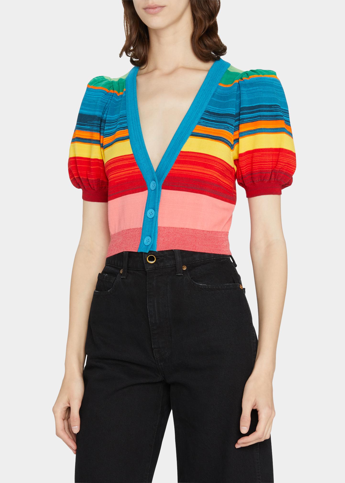 ALICE + OLIVIA Romi Striped Puff-Sleeve Cropped Cardigan