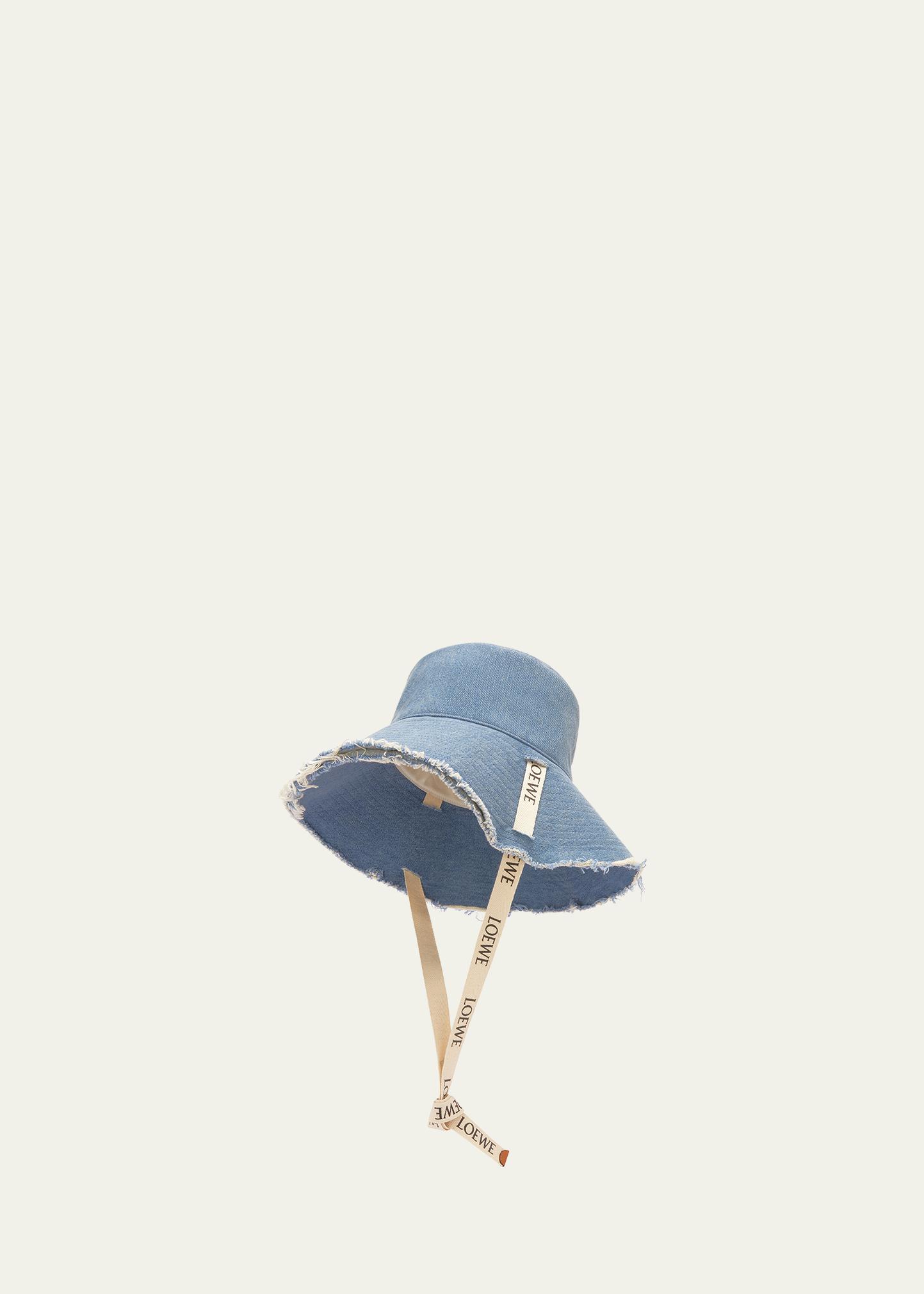 Loewe Light Blue Denim Frayed Brim Bucket Hat with Brown Leather Patch Loewe Blue Distressed Denim Bucket Hat Size 58 EU main image 3