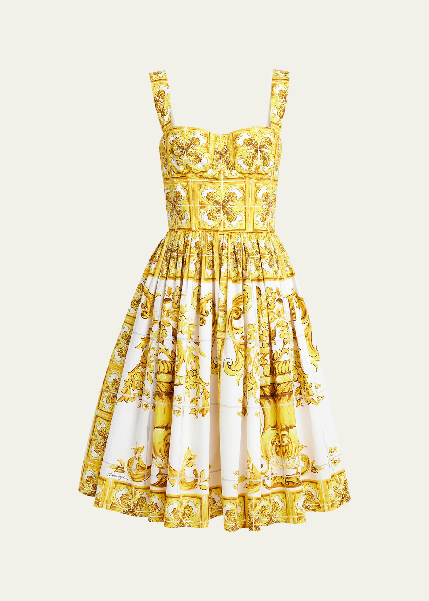 Dolce&Gabbana Tile-Print Pleated Poplin Bustier Dress - Bergdorf 
