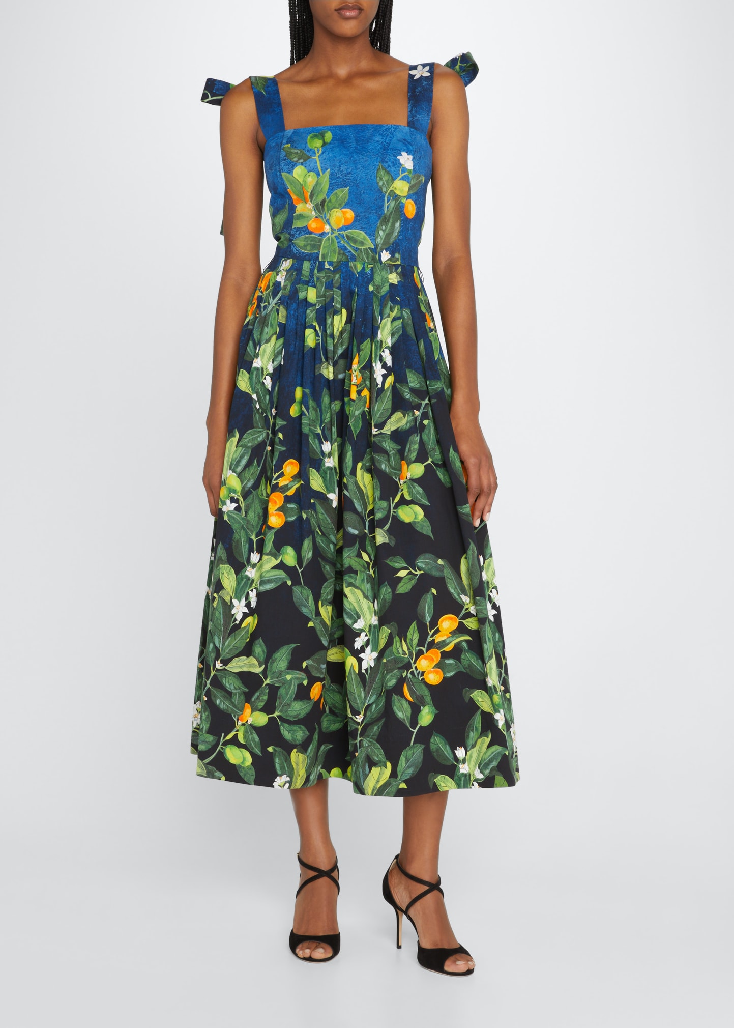 Oscar de la Renta Fortunella-Print Bow-Straps Pleated Midi
