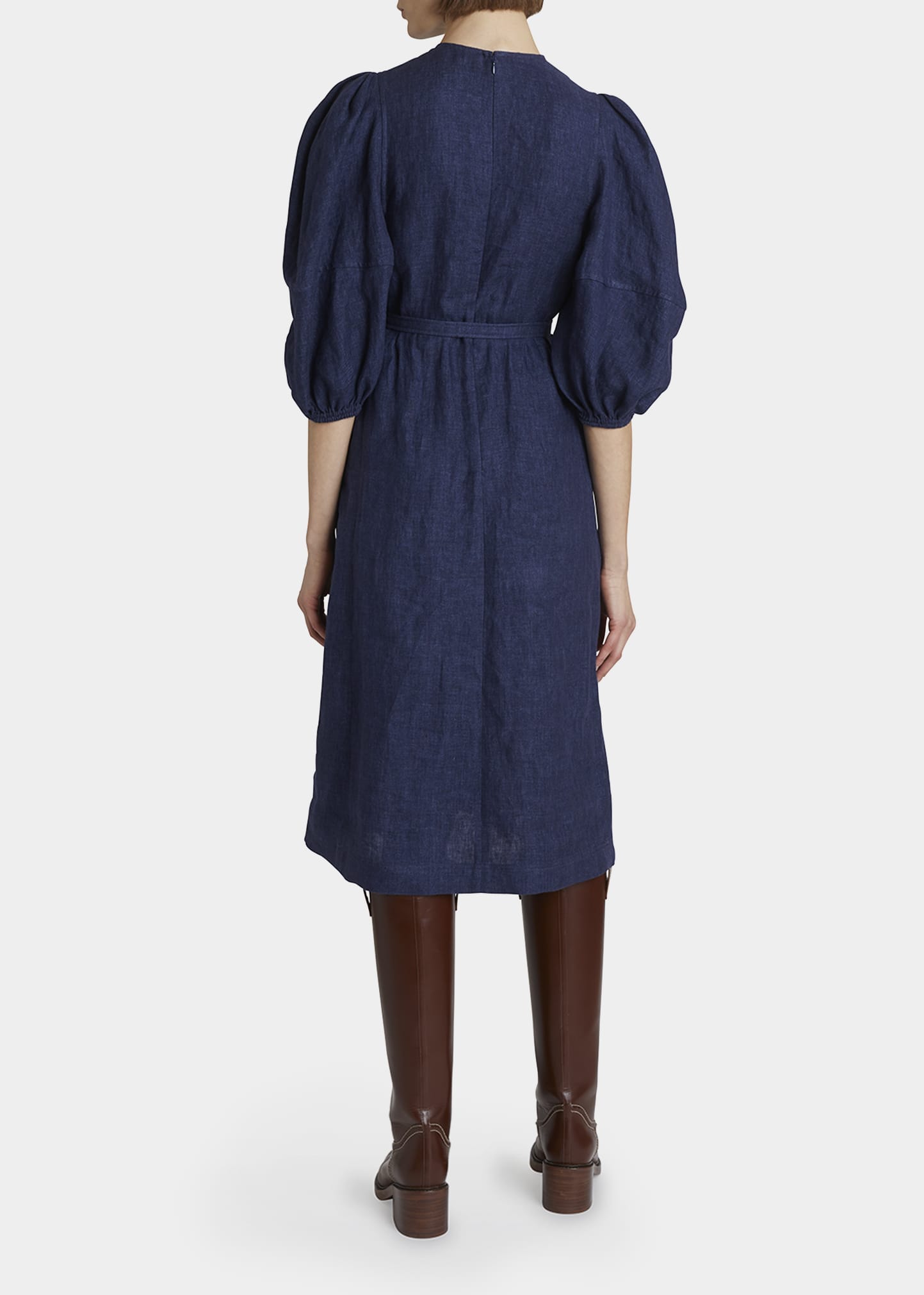 balloon sleeve midi dress Chloe Balloon-Sleeve Belted Linen Midi Dress