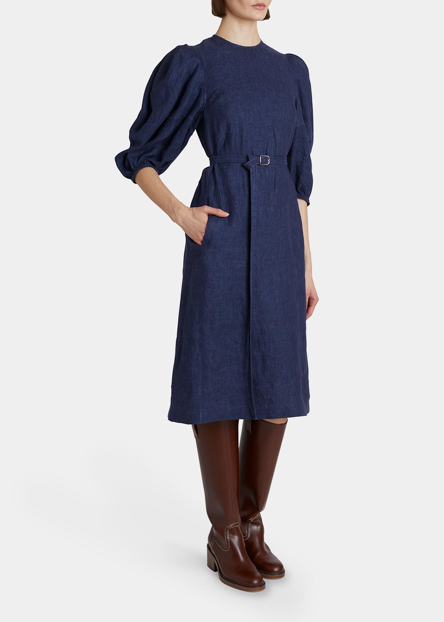 Chloé Balloon-Sleeve Belted Linen Midi Dress - Bergdorf Goodman