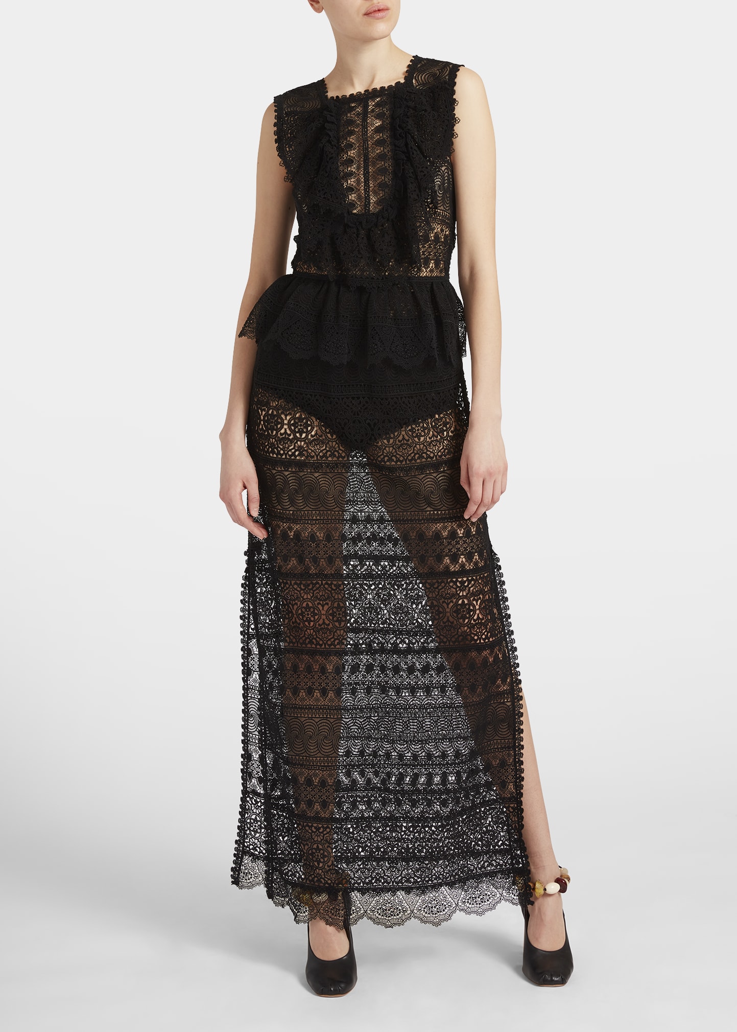chinese dress ladies Idra Lace Applique Dress - Noir Yellow Silk Sleevless Maxi Dress