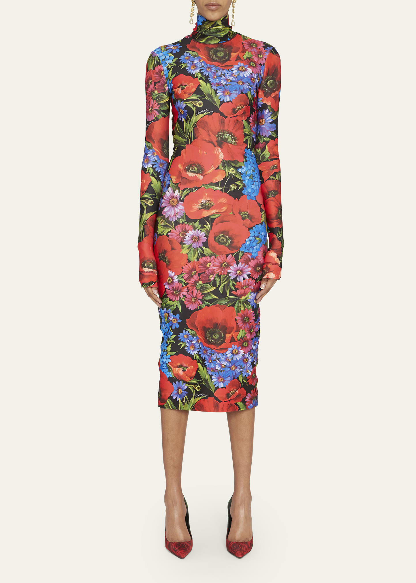 knee length dresses for ladies Dolce & Gabbana Floral Ruffle Midi Dress with Embellished Waist main image 1
