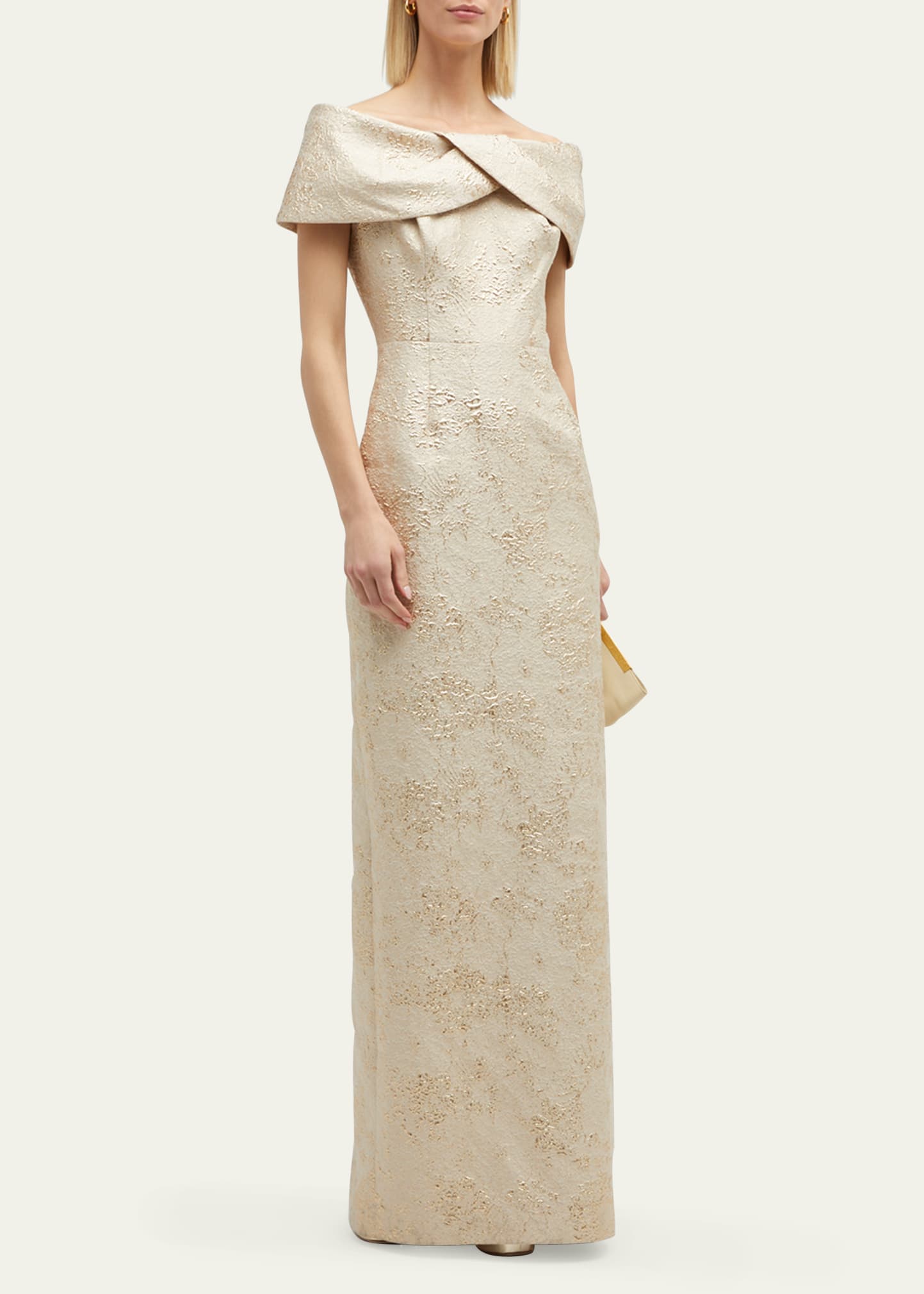 off-shoulder jacquard column gown