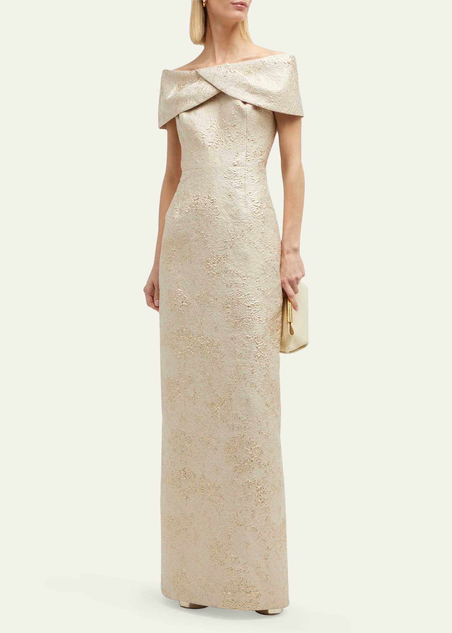 off-shoulder jacquard column gown