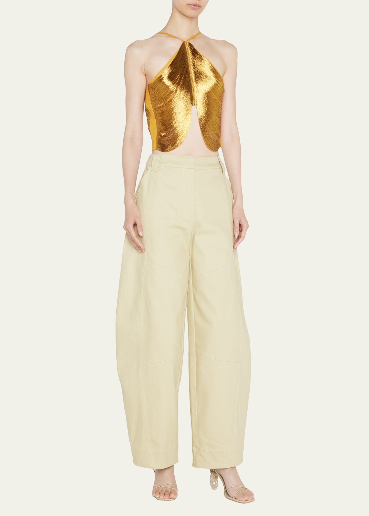 m*細様 韓国 トリコロールゴールドサイリウムコーデ Cult Gaia Quella Gold Fringe Halter Top - Bergdorf Goodman