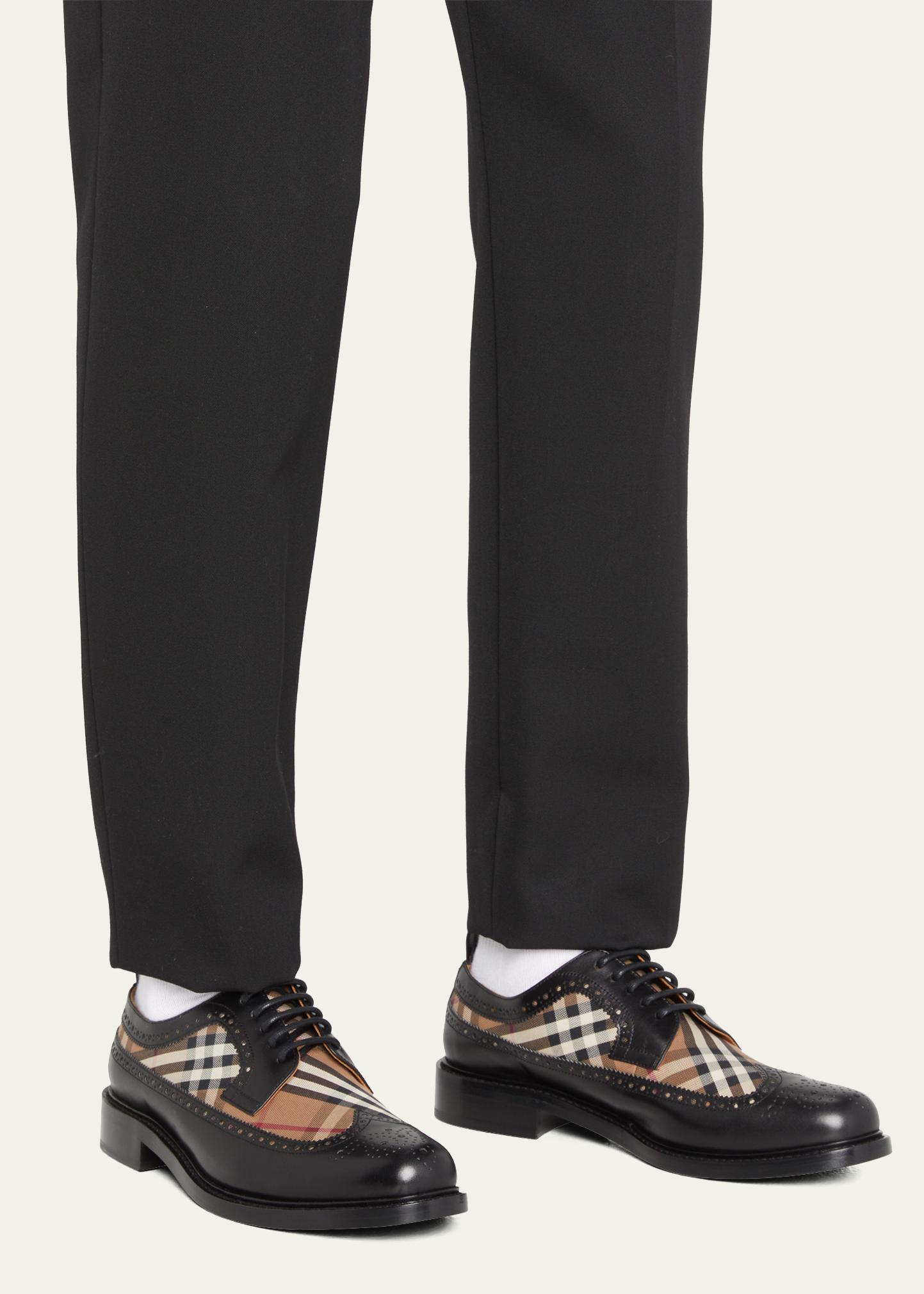 Burberry Black Leather & Beige Plaid Wingtip Derby Shoes Leather Manor Derby Shoes in Black - Men | Burberry® Official main image 3