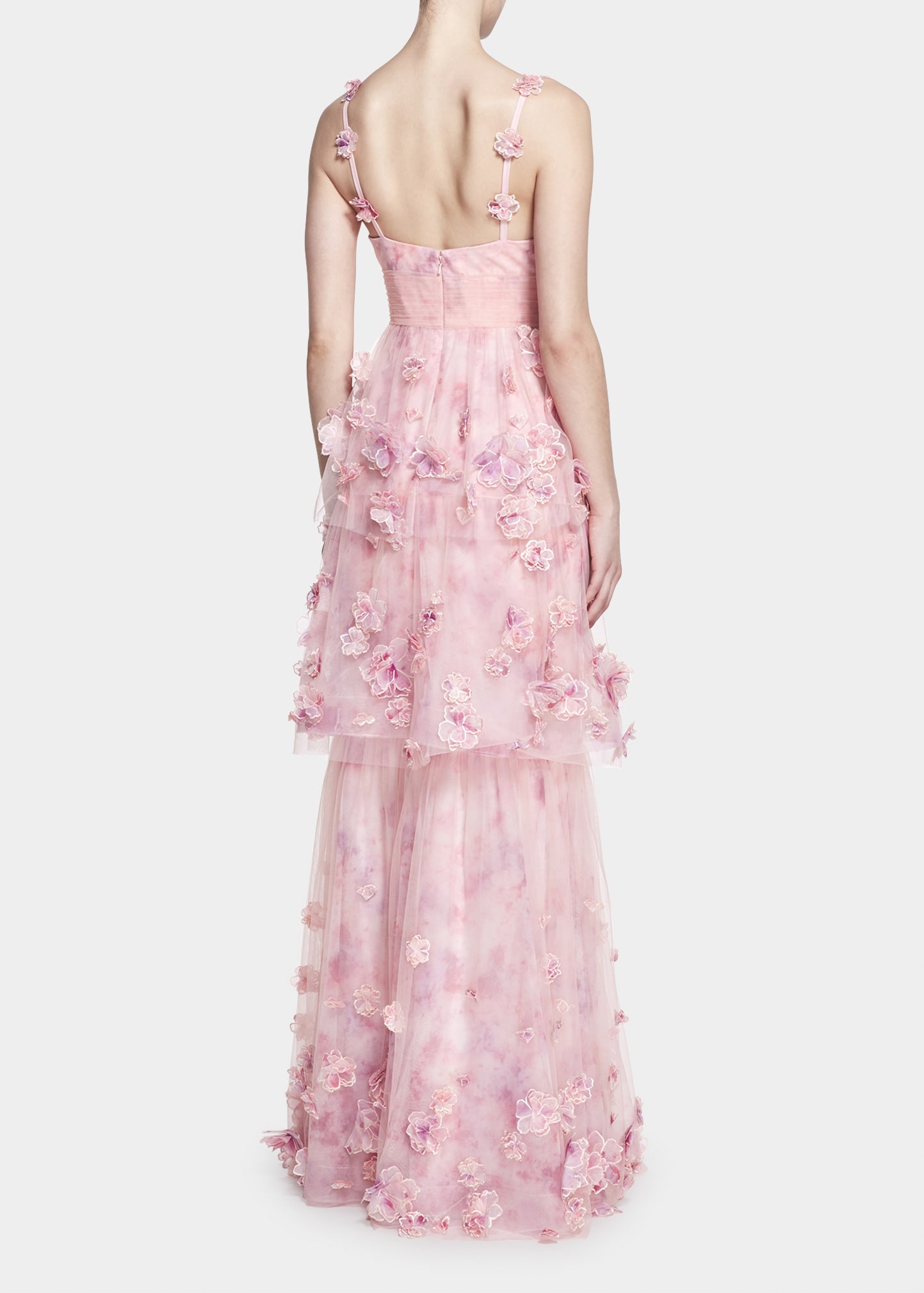 Marchesa Notte Pleated Tiered Tulle Gown w/ 3D Flowers - Bergdorf