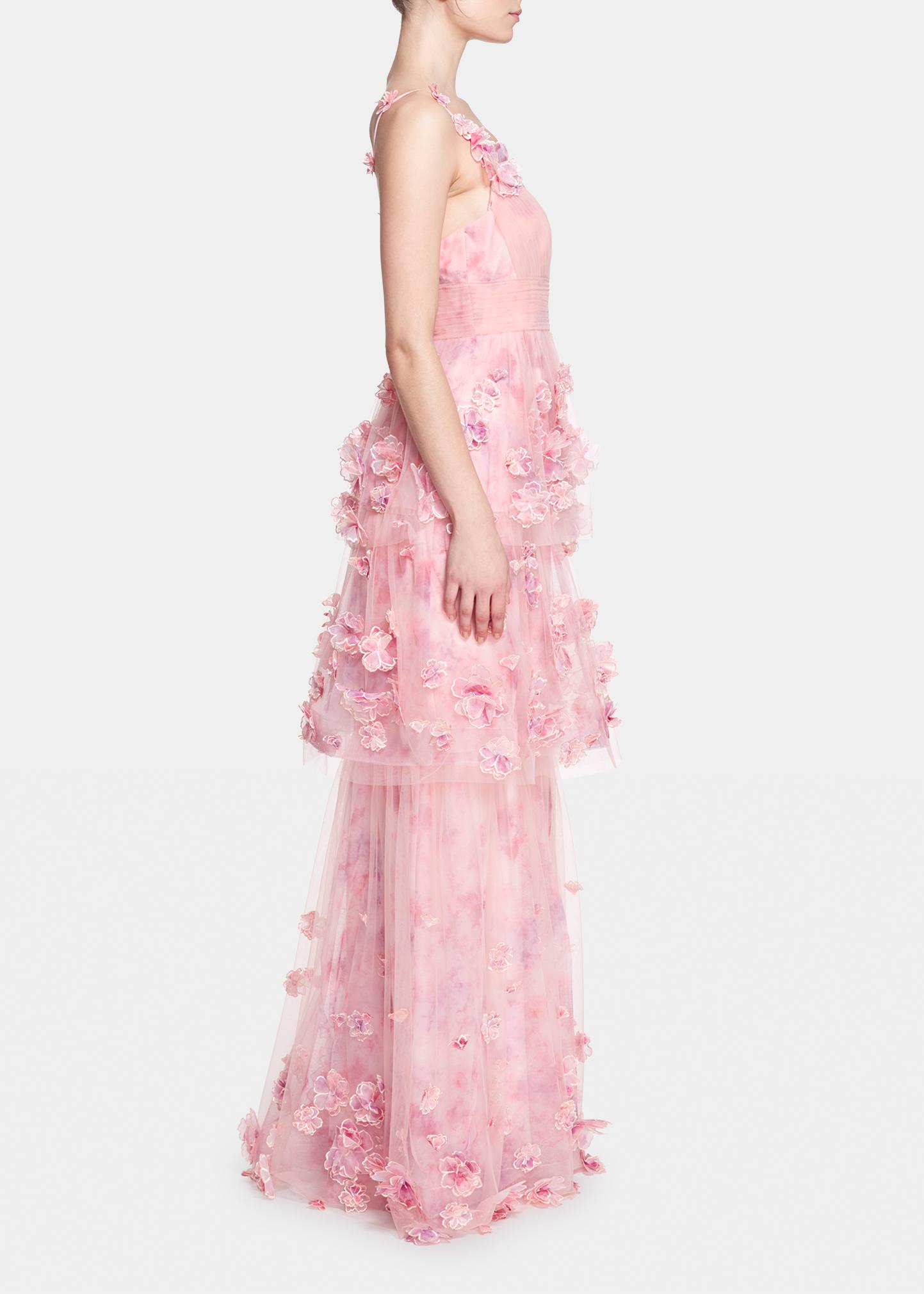 Marchesa Notte Pleated Tiered Tulle Gown w/ 3D Flowers - Bergdorf