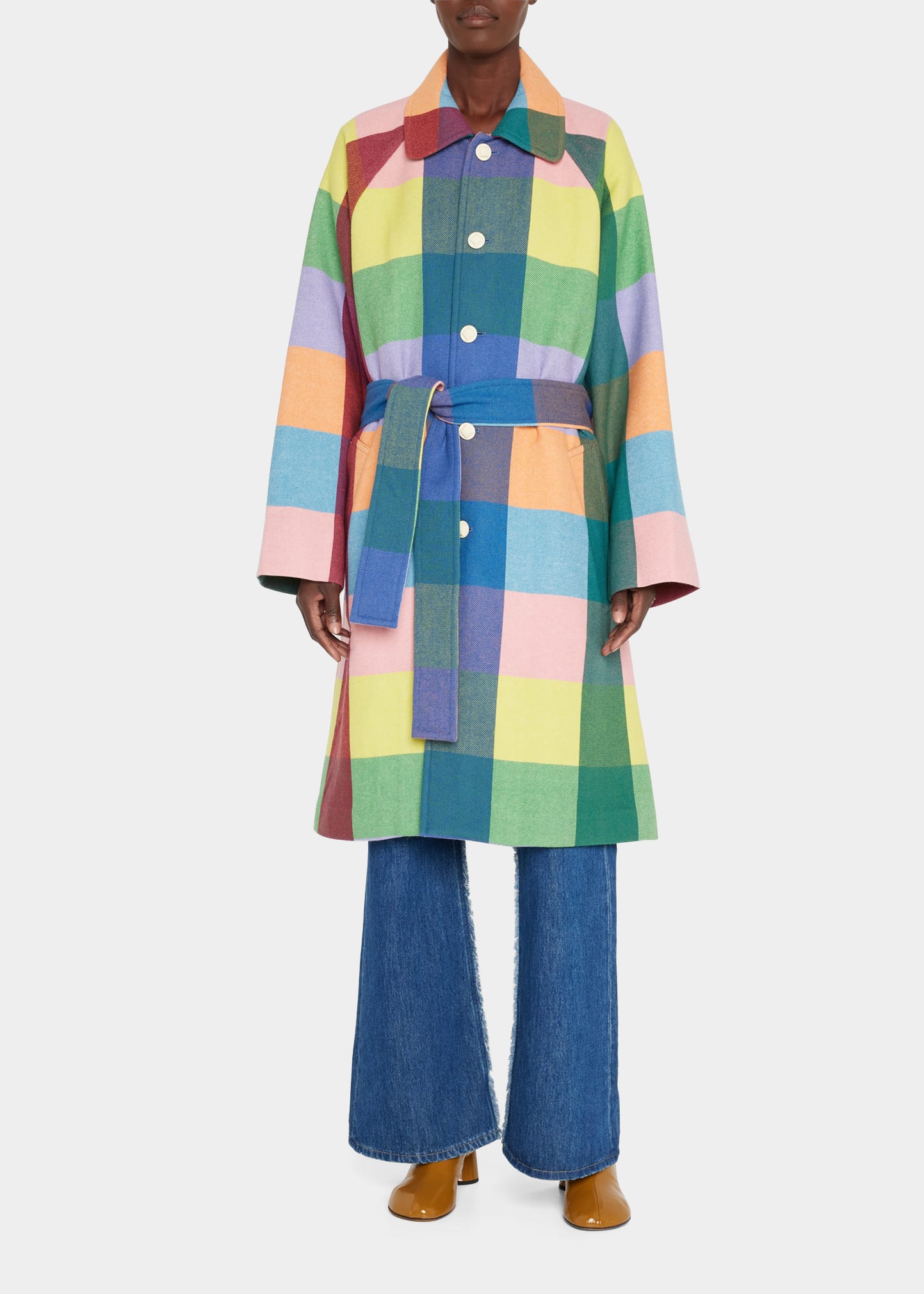 The Elder Statesman Rainbow Plaid Wool Belted Coat