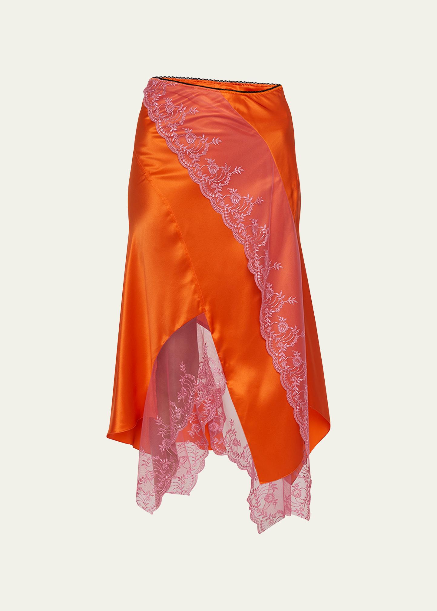 MERYLL ROGGE Satin Handkerchief Slip Skirt with Floral Lace