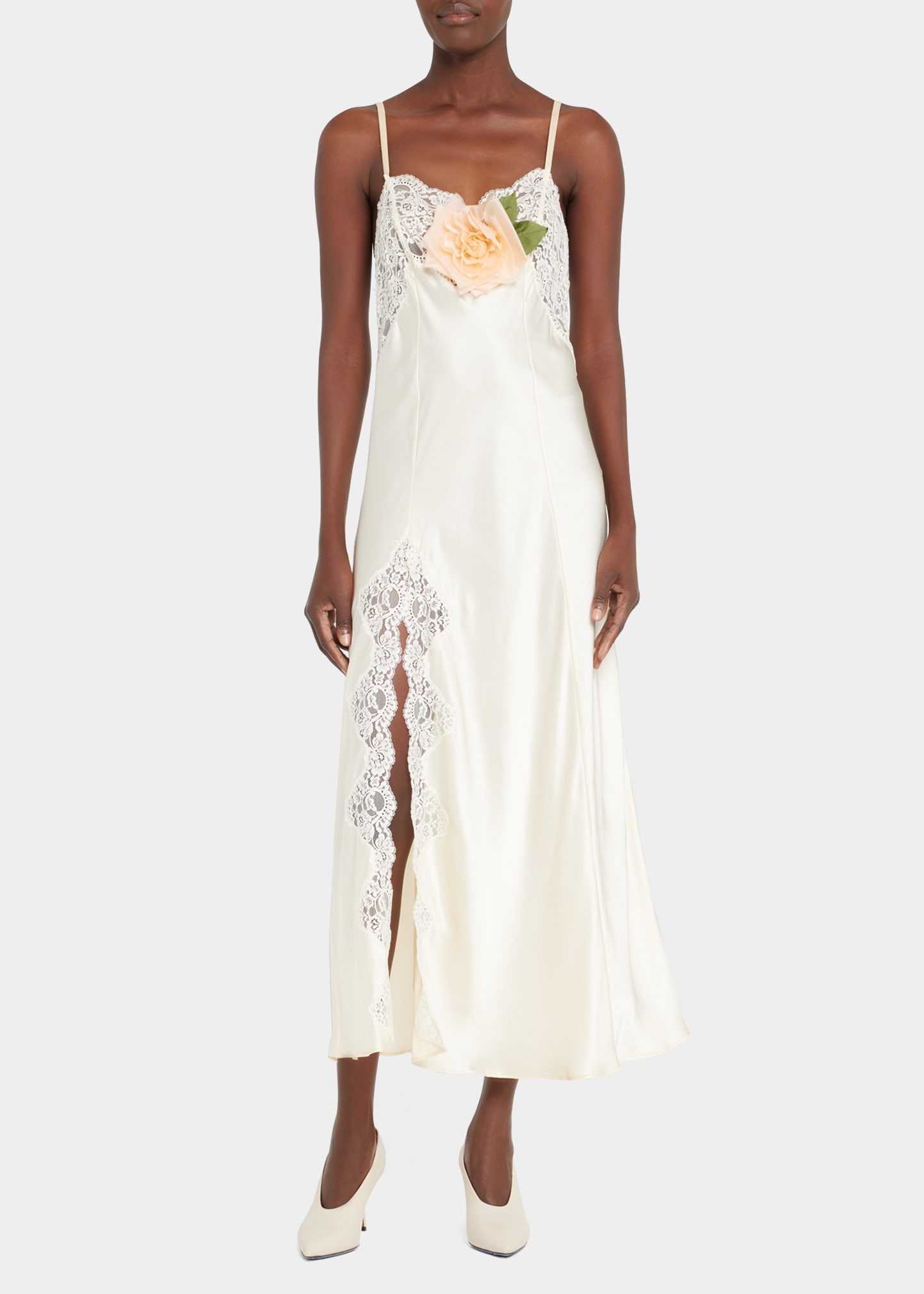 Rodarte Lace-Inset Satin Slip Dress with Floral Applique - Bergdorf Goodman