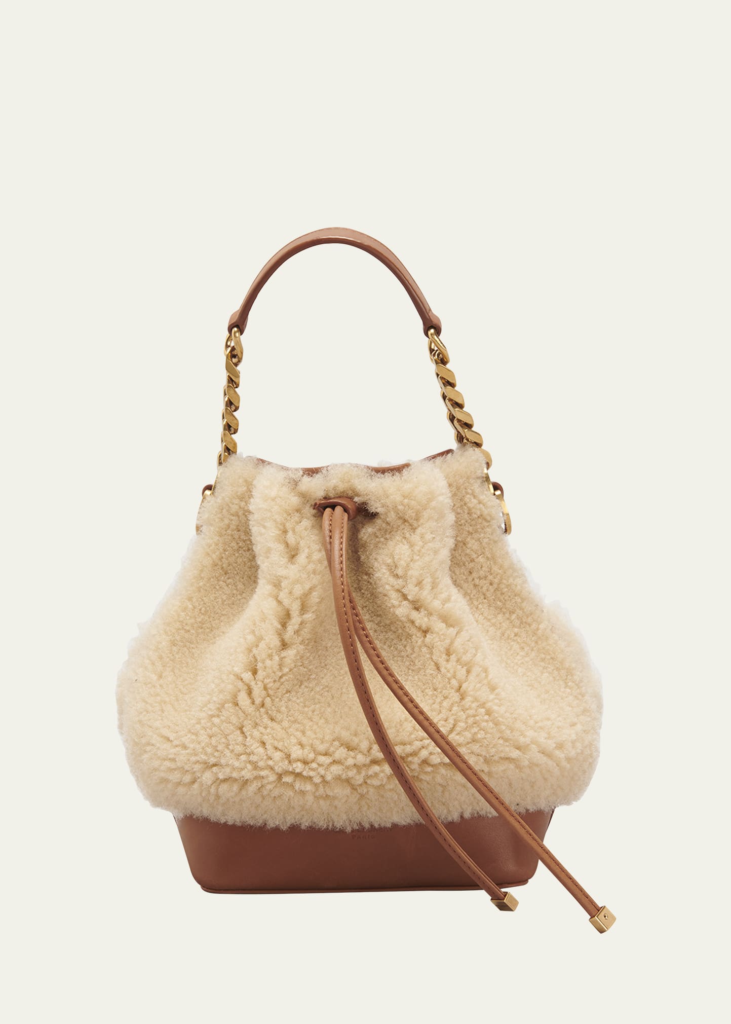 BROOKLYN MINI BUCKET BAG, WHITE FAUX-SHEARLING